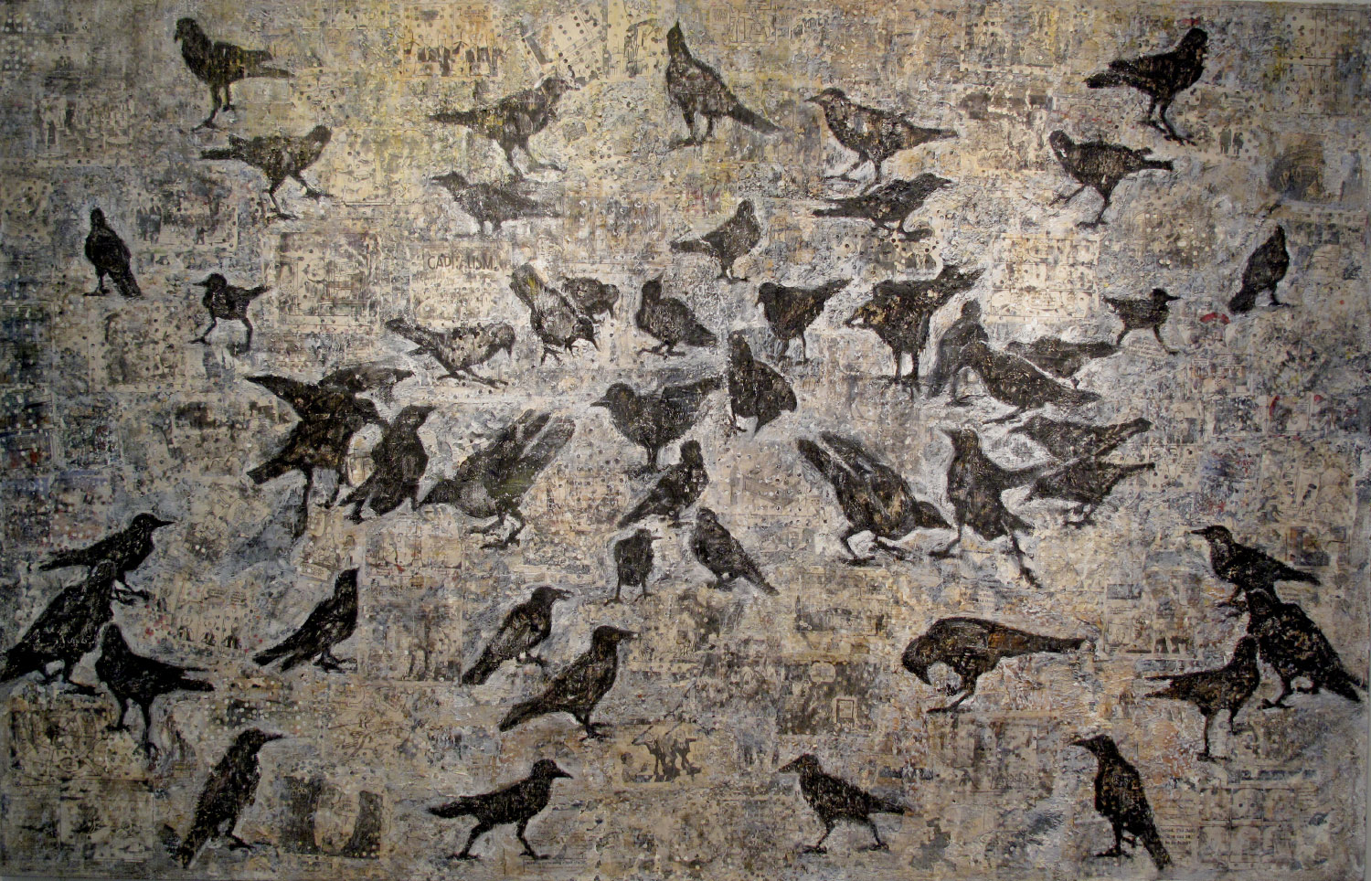 2ao(0) Feeding Frenzy-oil, wax, print media collage on canvas 47x74, 2005, 2010.jpg