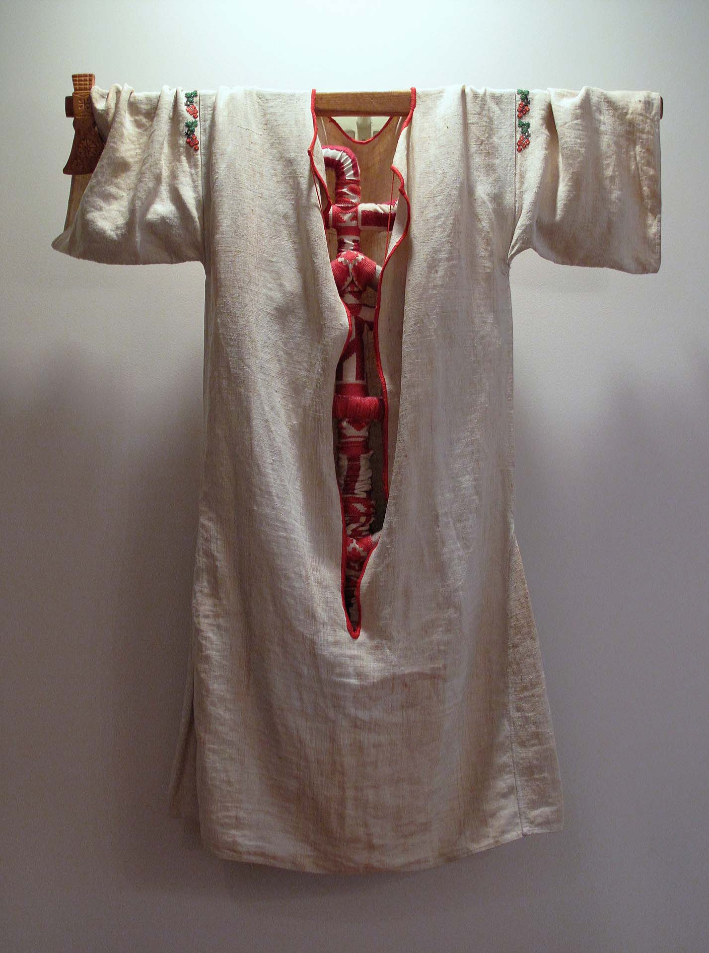 2bf(0) - What Sits In My Guts, embroidered sewn linen, letters, molded tubing, metal rod, wood, 40x32x7 in., 2008-9.jpg