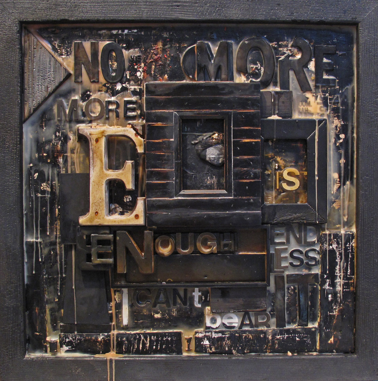 2bk(0) - Enough is Enough-wax, resins on torched wood, 22x22x3 in. 2007.jpg