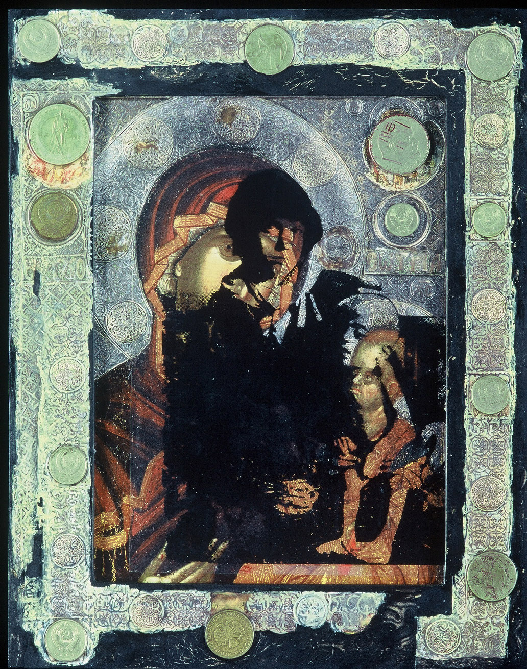 5ac(0) - Another Kind of Icon #2, oil, ruble coins, photocopy, wood, 13x10 in., 1995.jpg