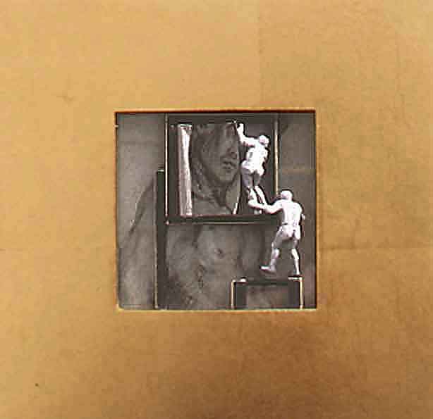 5cd(0) - Face-Off, gold leaf, charcoal on paper, plaster, gesso, wood - 8x8 in. - 2002.jpg