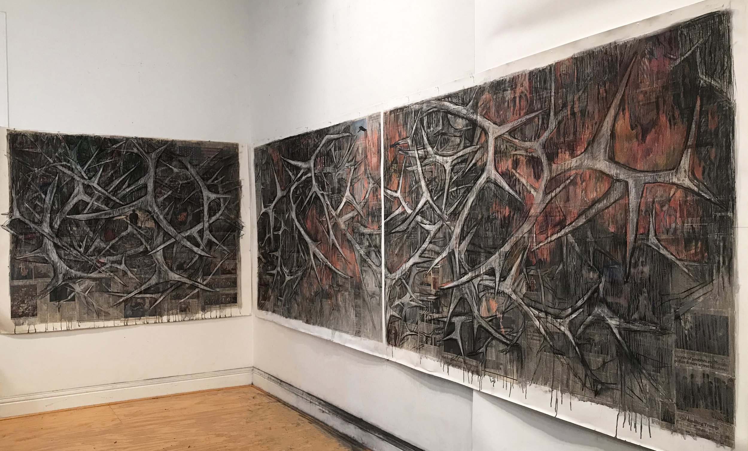 2Ai(0) Thorny Issues - triptych, 52x62x & 52x120 in. charcoal, pastel over collaged paper 2020.jpg