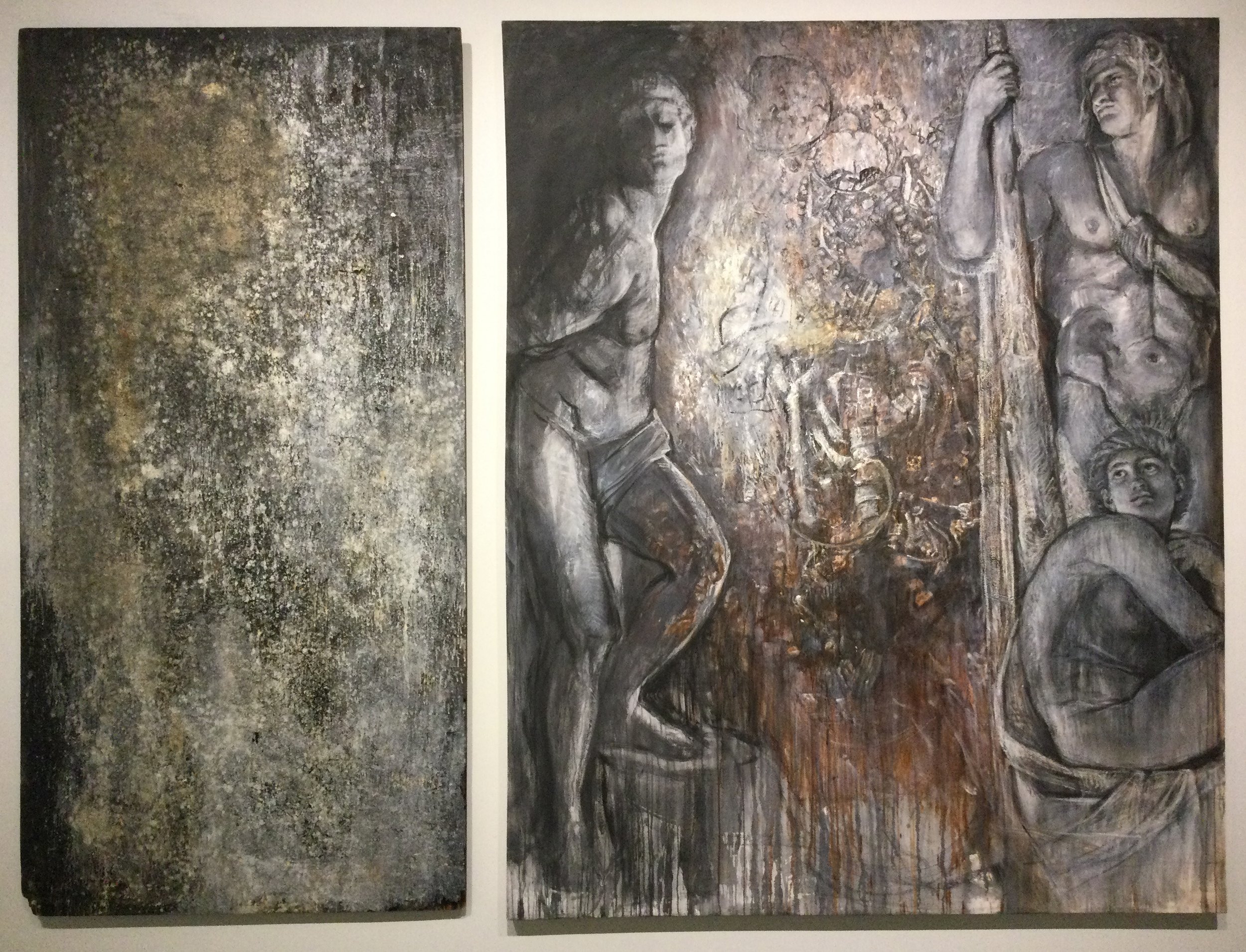 2Al(0) - Witnesses, 96x48 & 96x76 in. diptych, oil, torched wood, resins, canvas 1995.jpg