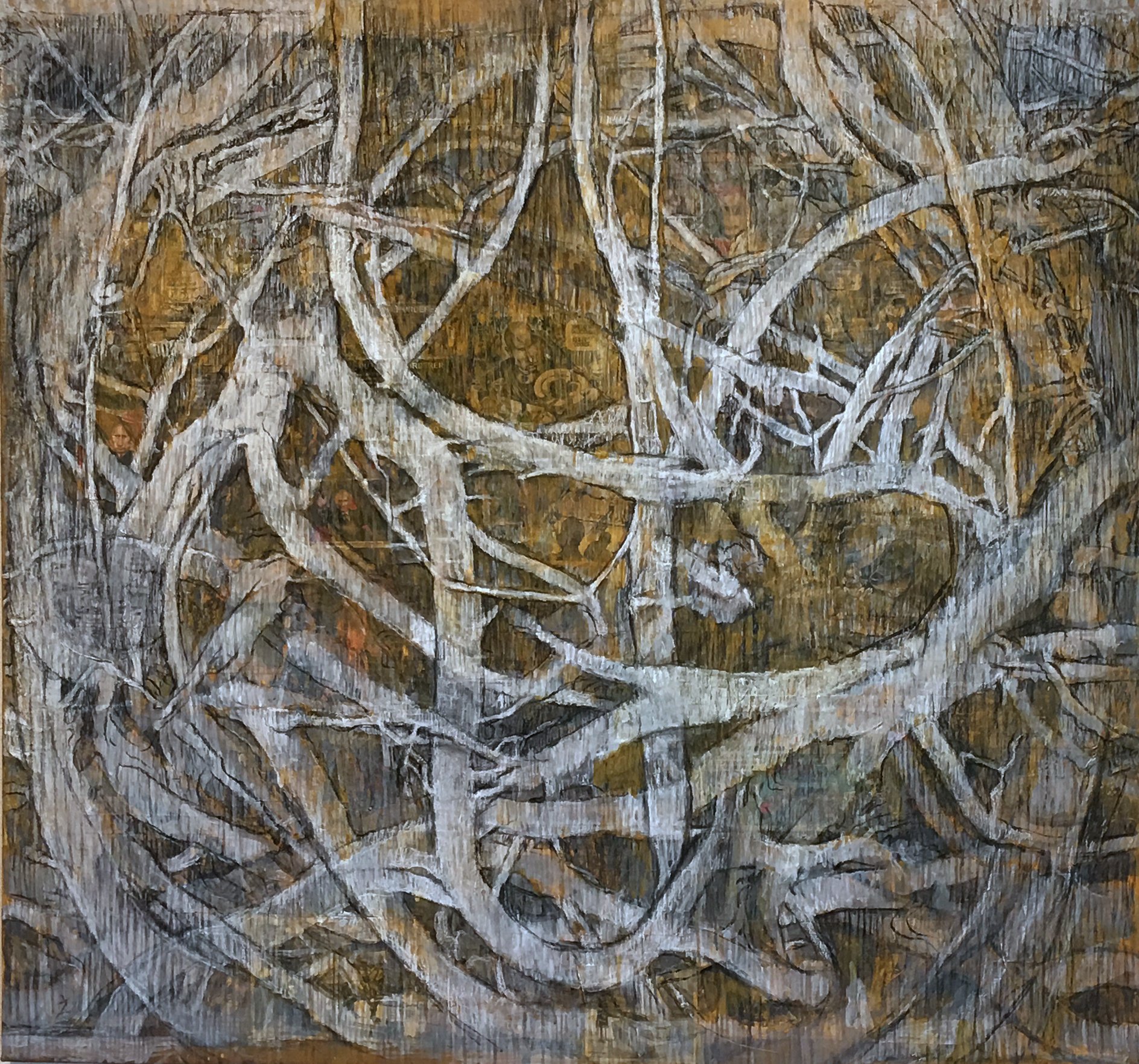 2Aj(0) - Creepy Crawly, oil, resins, chalks on collaged canvas, 48x52 in., 2016.jpg