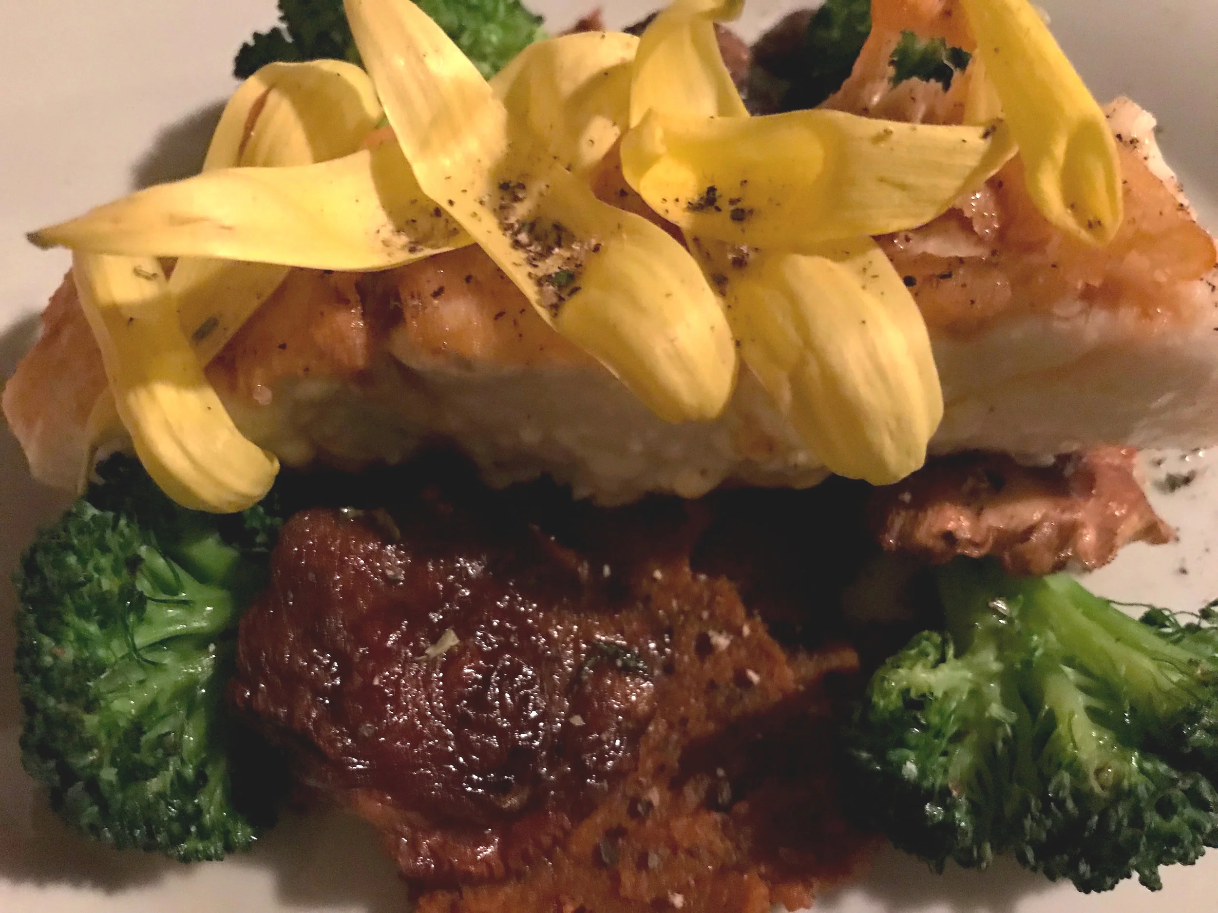 Fresh, local Halibut with carrot puree, broccoli & shitake mushrooms at COHO Restaurant