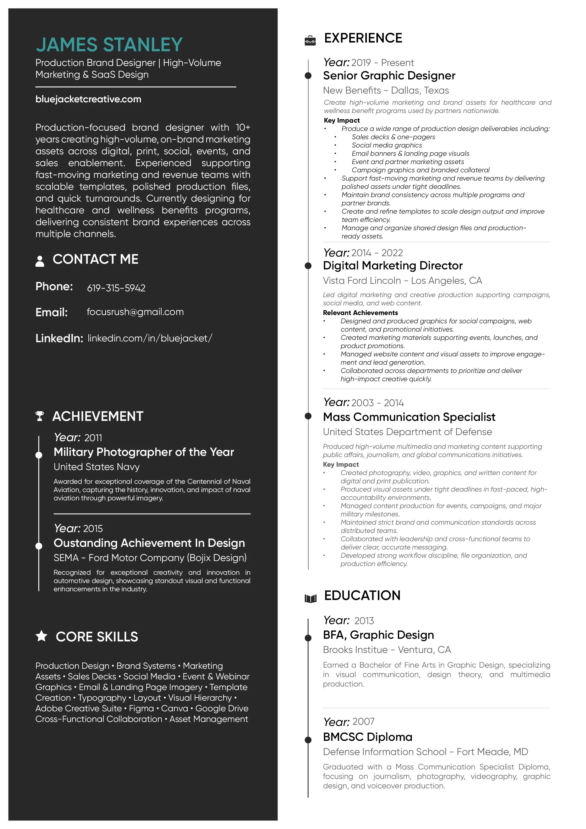 A professional resume featuring sections for experience, education, achievements, core skills, and contact information. The left side is in a black background with white text, highlighting skills in marketing, design, and multimedia, while the right side is white with black text detailing various job roles, accomplishments, and educational background.