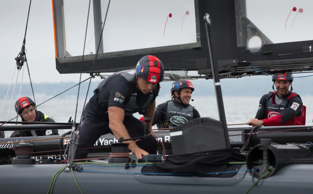 Magnus Olsson Scholarship recipients Lovisa and Emil visiting LandRoverBAR America's Cup Team. @LandRoverBAR Photos by Harry KH/LandRoverBAR