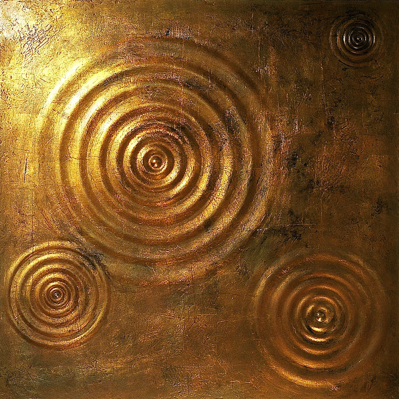 Thomas Coffin - Ripple Effect (copper leaf), 36"h x 36"w x 2"d, mixed media sculptural wall relief