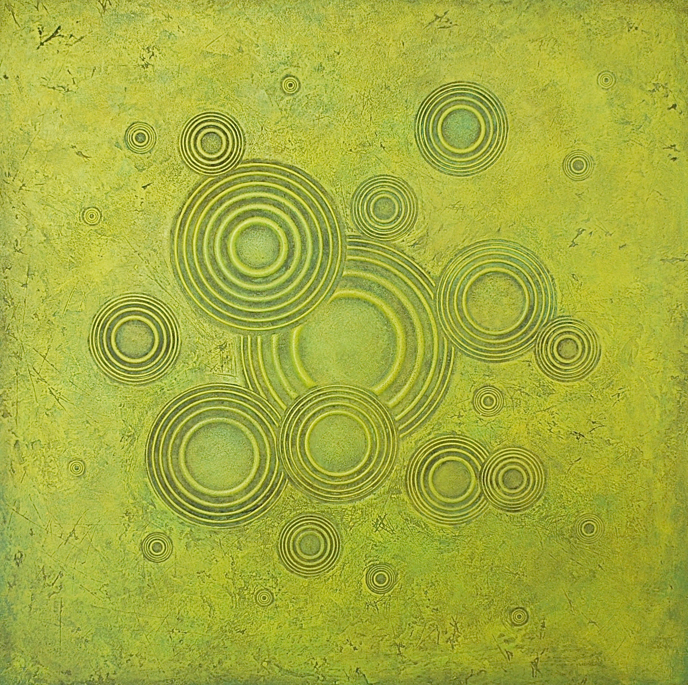 Thomas Coffin - Ripple Effect (chartreuse), 36"h x 36" w x 2"d, mixed media sculptural wall relief