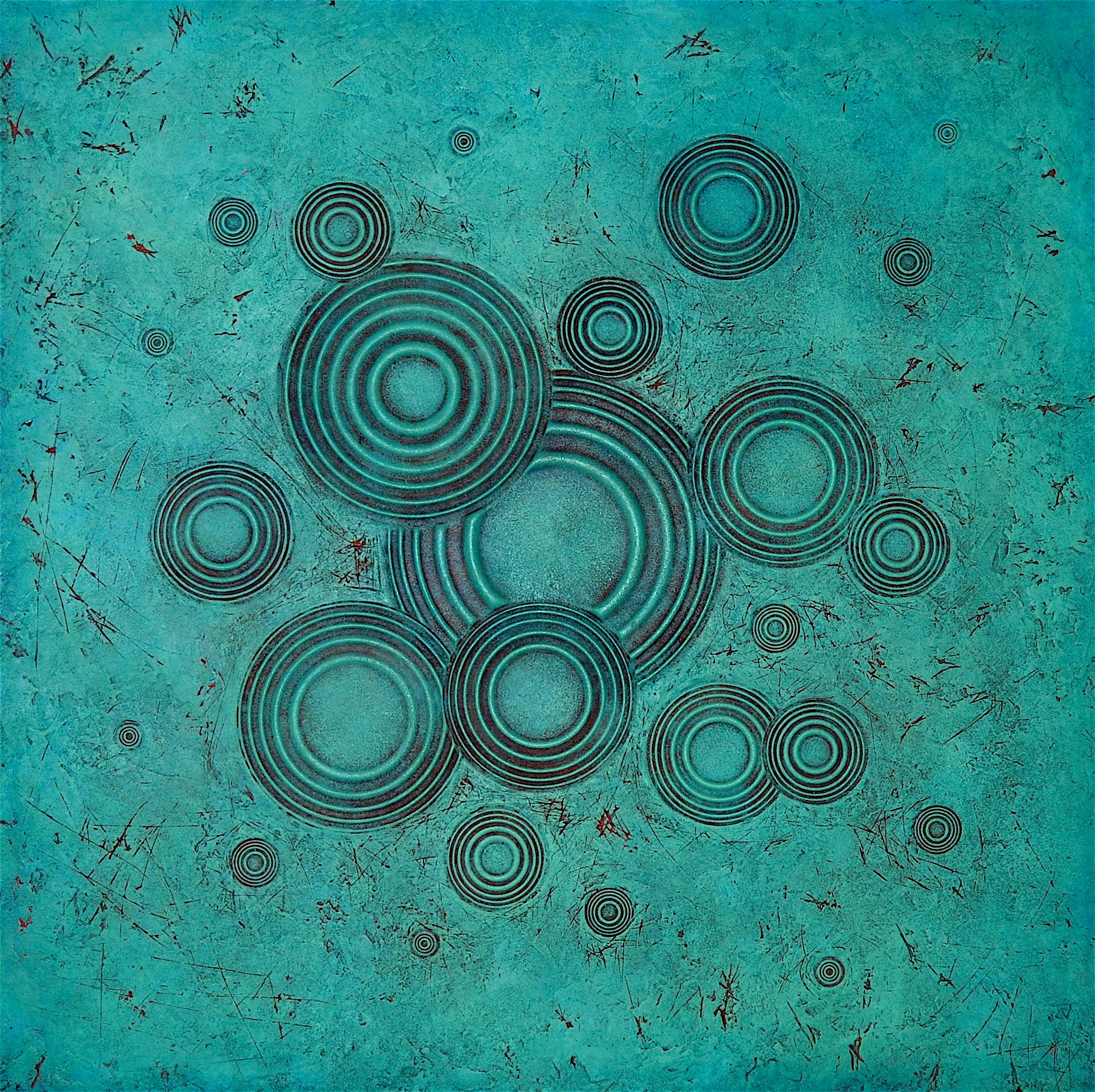 Thomas Coffin - Ripple Effect (turquoise), 36"h x 36"w x 2"d, mixed media sculptural wall relief