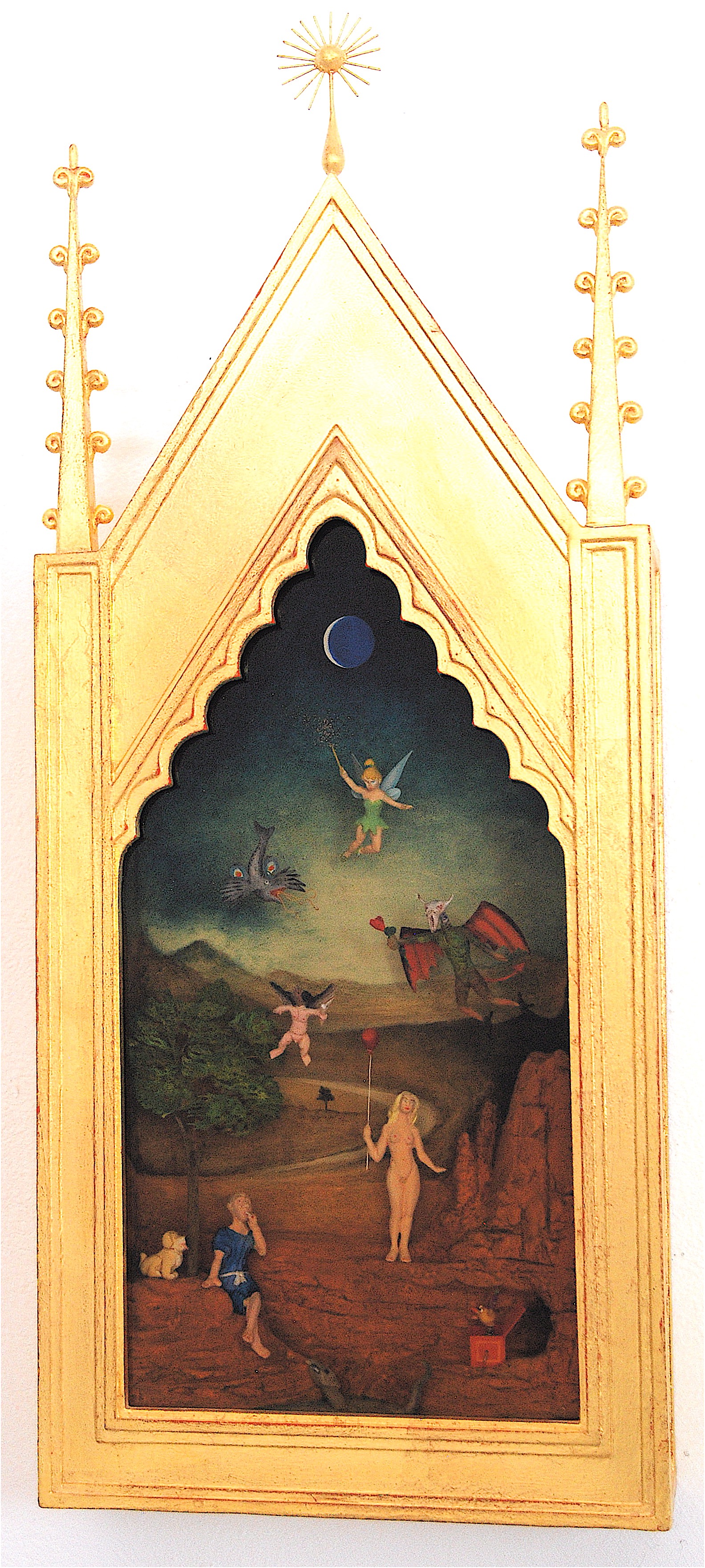 Thomas Coffin - The Temptation of Saint Anthony, 23"h x 10"w x 2"d, mixed media 3-d diorama encased in acrylic resin, handmade wood frame, 23 kt. gold leaf