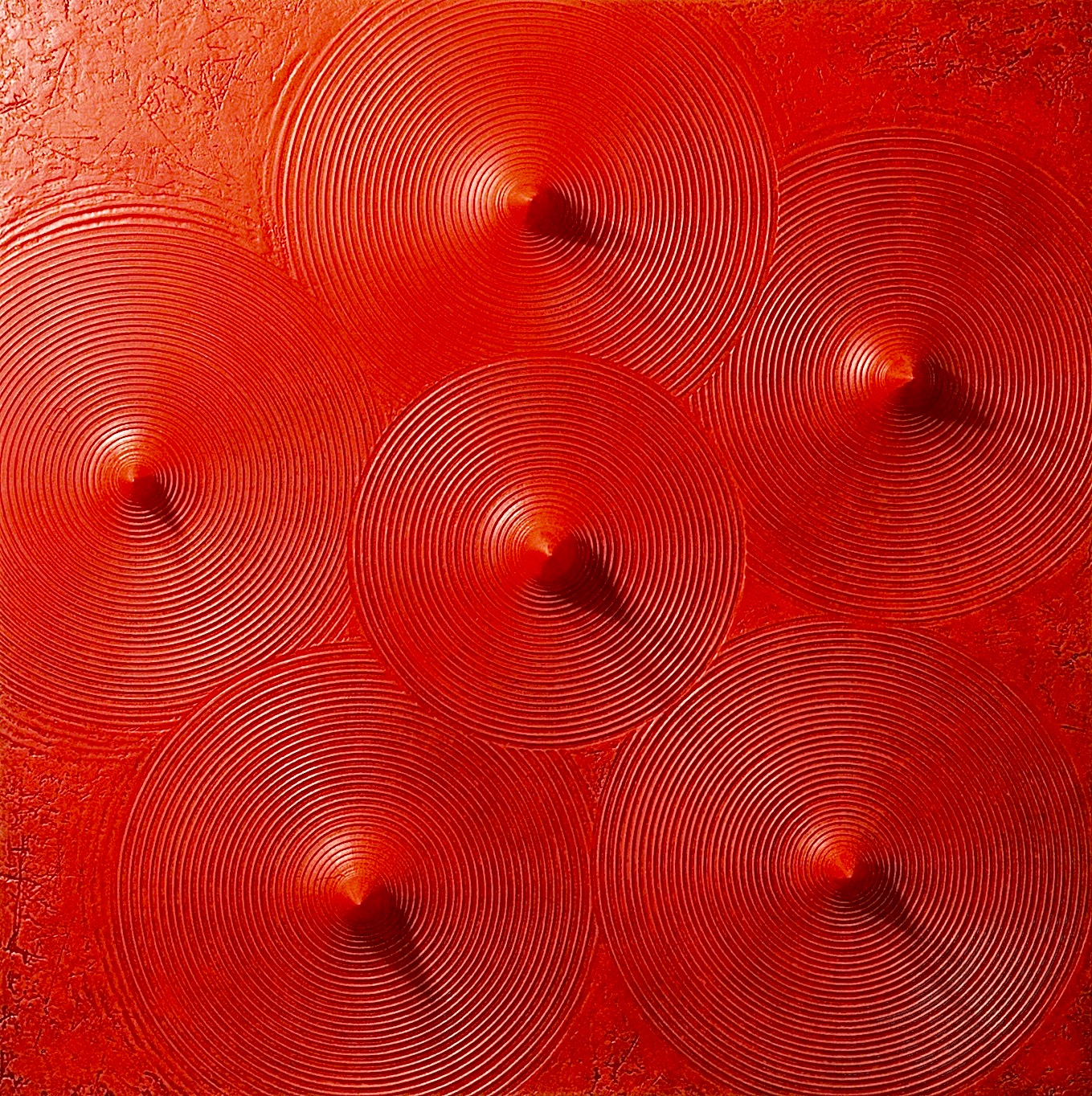Thomas Coffin - Spikes (red), 36"h x 36"w x 2"d, mixed media sculptural wall relief