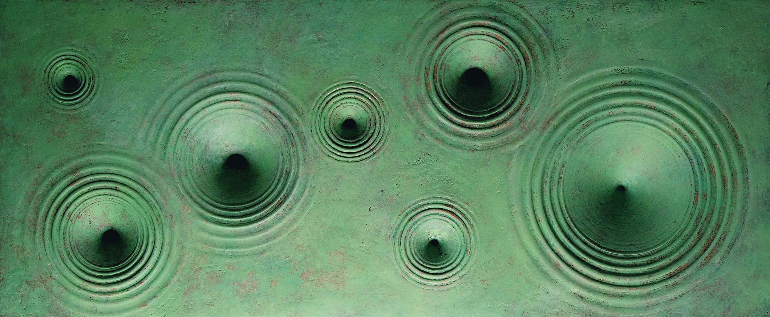 Thomas Coffin - Vortex (green), 14"h x 30"w x 3"d, mixed media sculptural wall relief