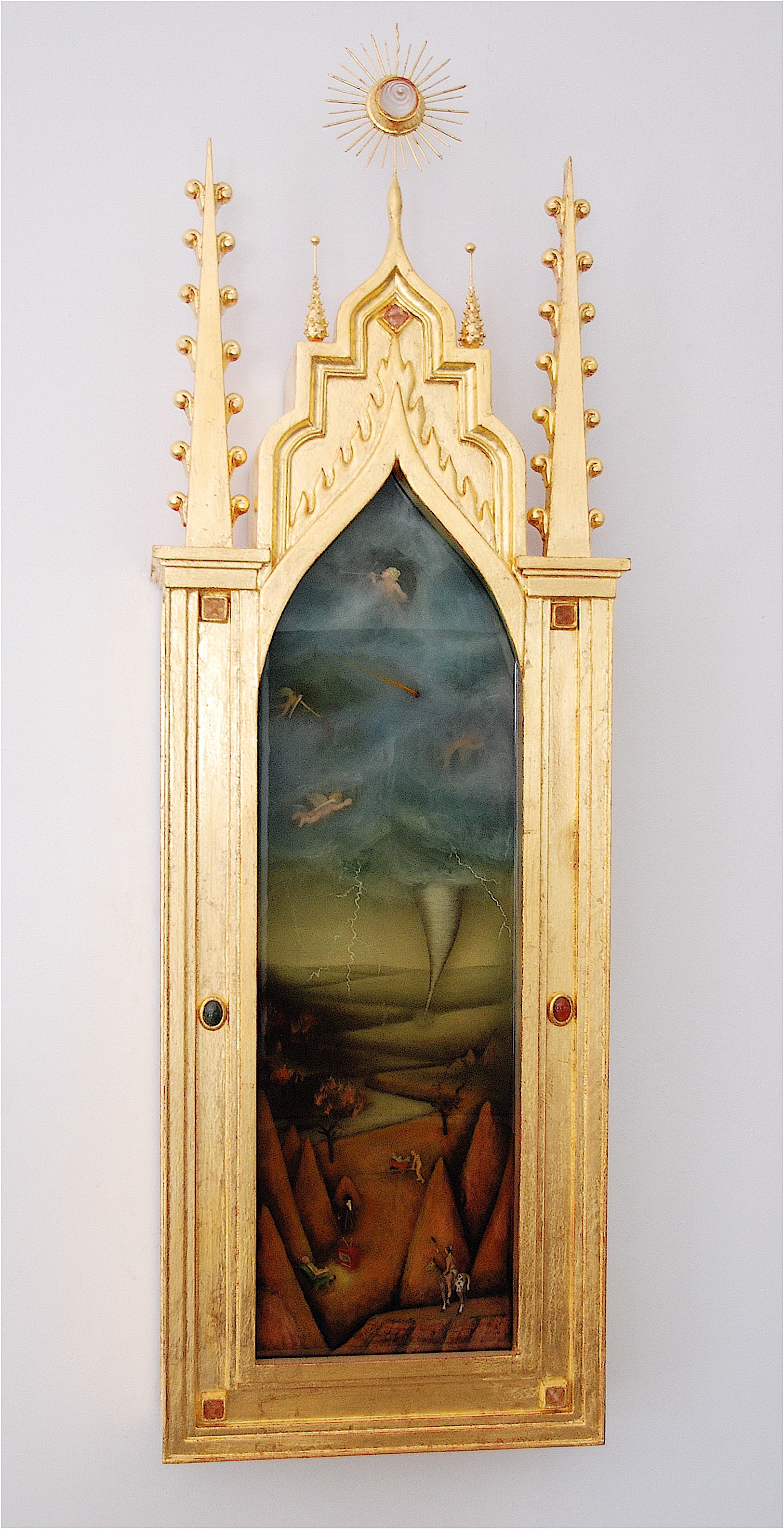Thomas Coffin - Bad Reception Again, 42"h x 12"w x 5"d, mixed media 3-d diorama encased in acrylic resin, handmade wood frame, 23 kt. gold leaf 