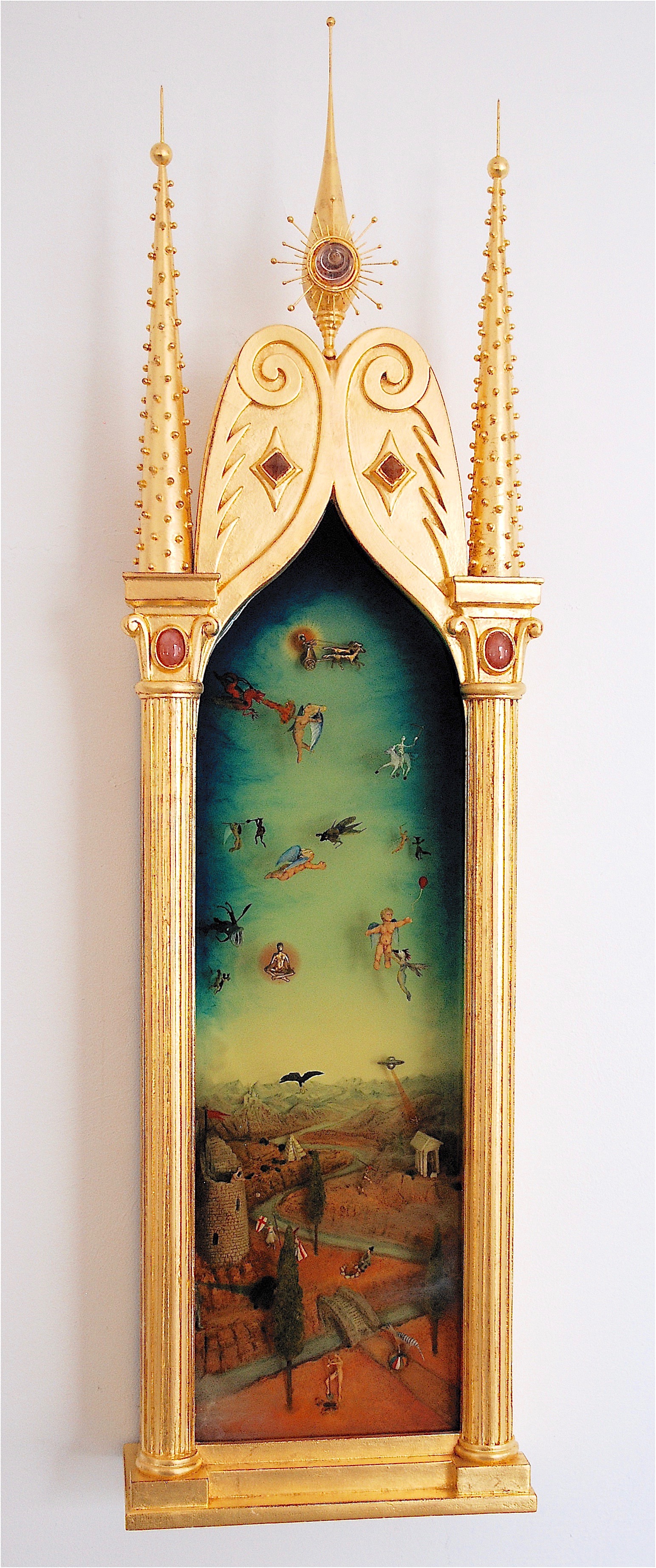 Thomas Coffin - Battle Between Good and the Extremely Annoying, 42"h x 12"w x 5"d, mixed media 3-d diorama encased in acrylic resin, handmade wood frame, 23 kt. gold leaf