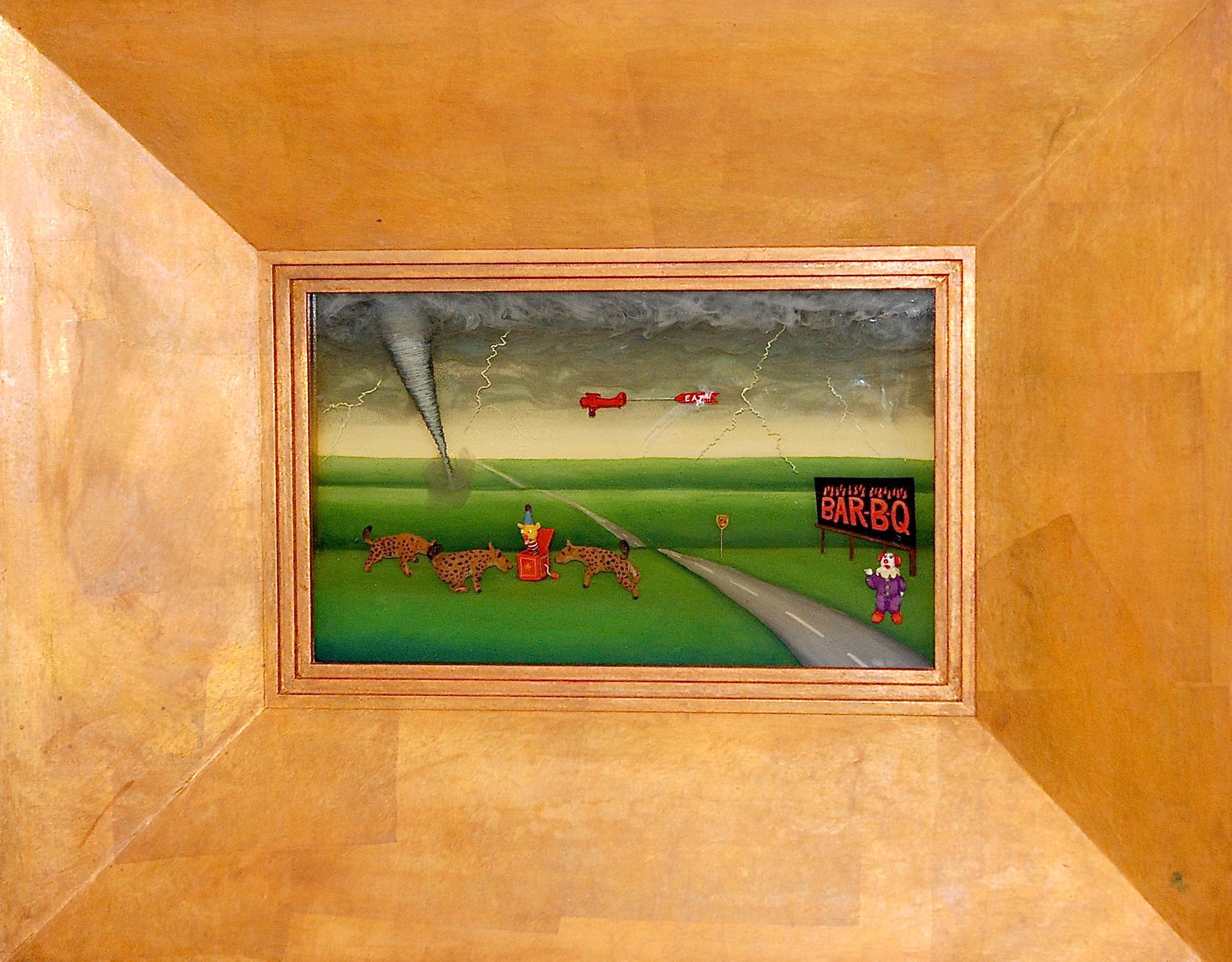 Thomas Coffin - Don't Eat Chinese Food in Dodge, 9"h x 19 1/2"w x 2"d, mixed media 3-d diorama encased in acrylic resin, handmade wood frame, copper leaf