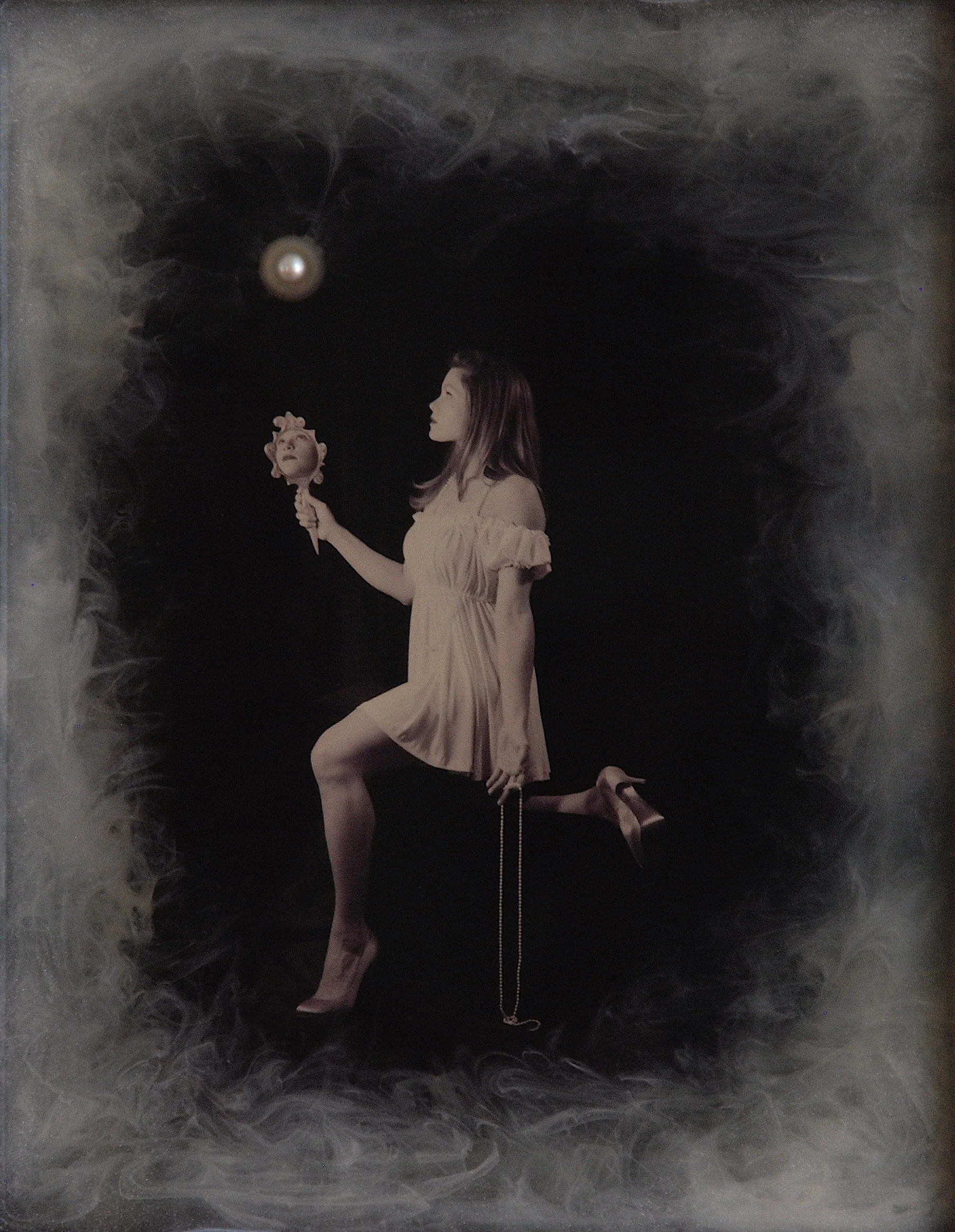 Julia King - Margarite and the Pearl #2 (detail), 18"h x 16"w x 1 3/4"d, photography based 3-d mixed media series - resin, pigment, embedded 12mm freshwater pearl, handmade matte silver wood frame