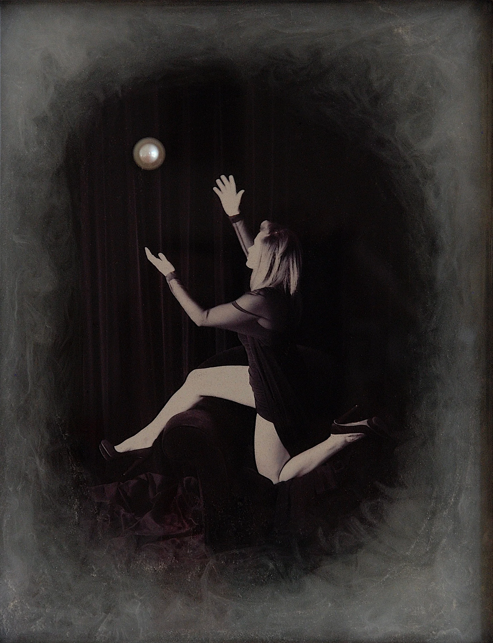 Julia King - Margarite and the Pearl #4 (detail), 18"h x 16"w x 1 3/4"d, photography based 3-d mixed media series - resin, pigment, embedded 12mm freshwater pearl, handmade matte silver wood frame