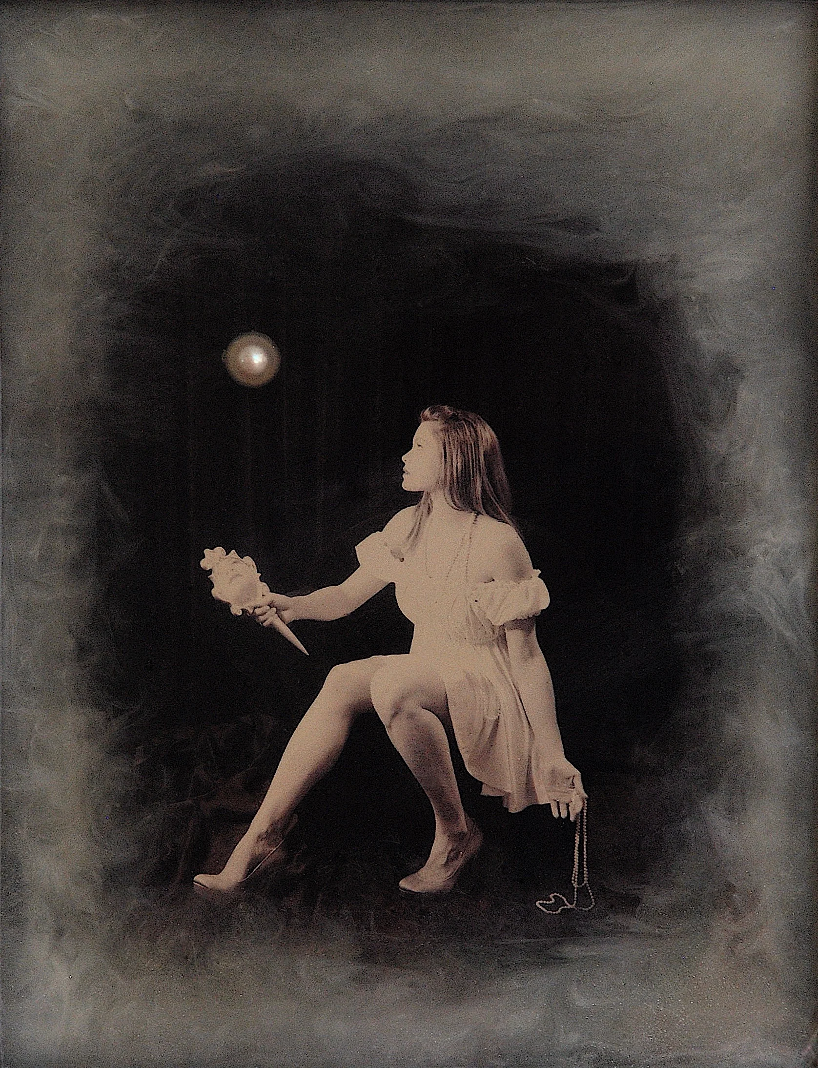 Julia King - Margarite and the Pearl #5 (detail), 18"h x 16"w x 1 3/4"d, photography based 3-d mixed media series - resin, pigment, embedded 12 mm freshwater pearl, handmade matte silver wood frame
