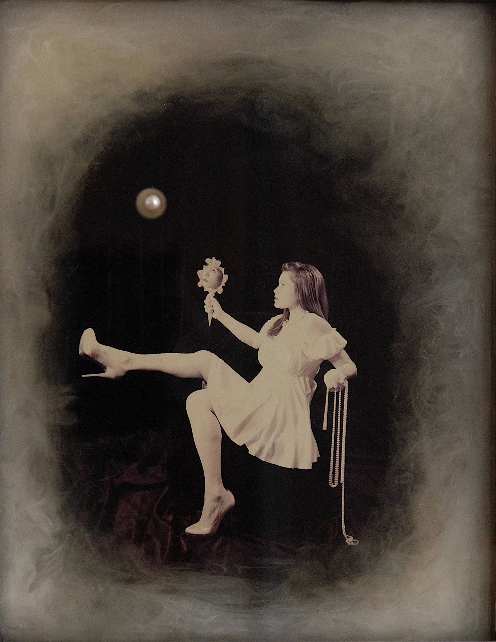 Julia King - Margarite and the Pearl #6 (detail), 18"h x 16"w x 1 3/4"d, photography based 3-d mixed media series - resin, pigment, embedded 12mm freshwater pearl, handmade matte silver wood frame