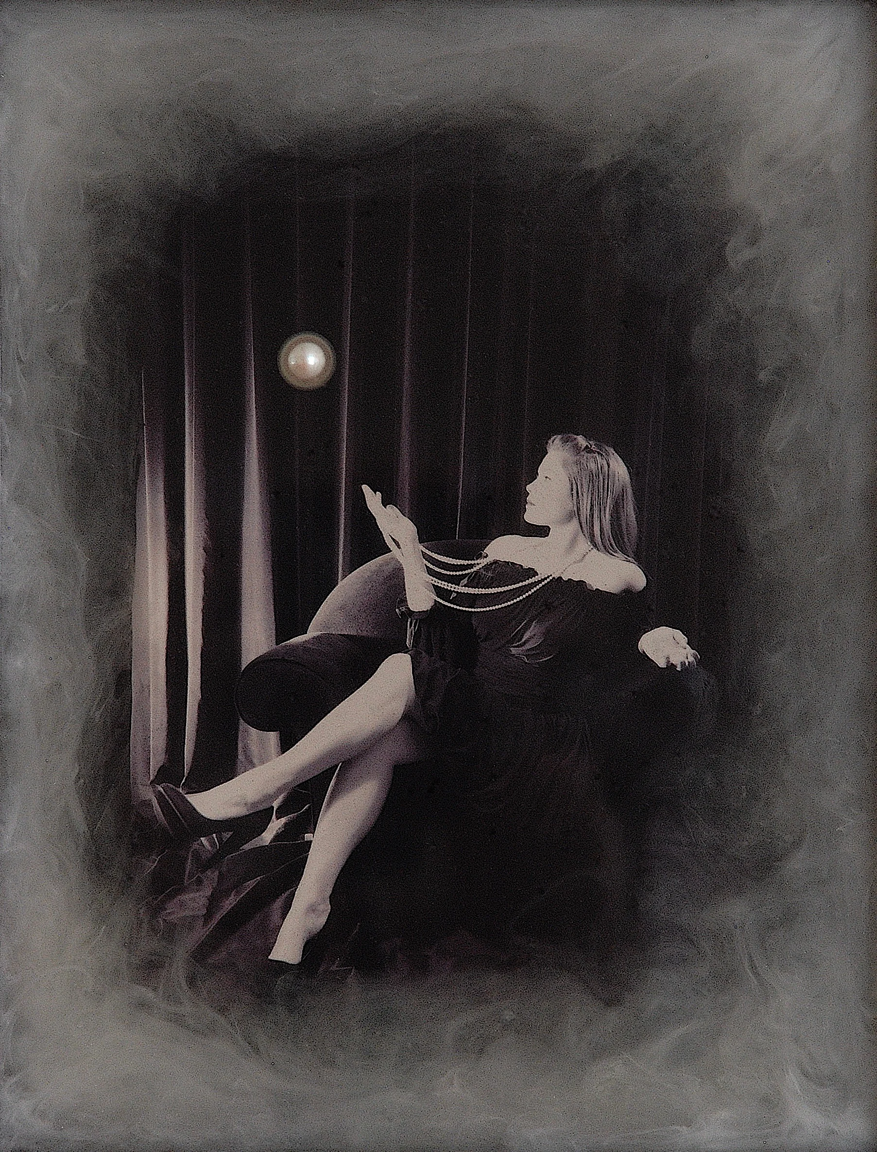 Julia King - Margarite and the Pearl #7 (detail), 18"h x 16"w x 1 3/4"d, photography based 3-d mixed media series - resin, pigment, embedded 12mm freshwater pearl, handmade matte silver wood frame