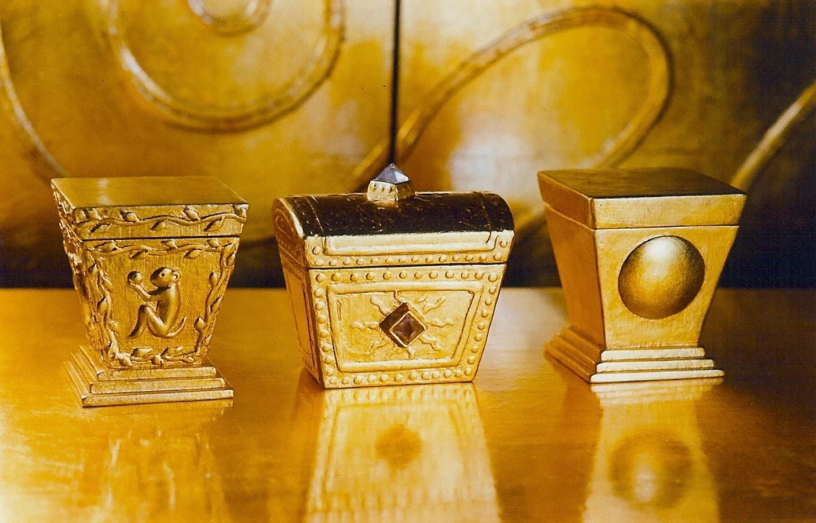 Coffin & King - Gilded Boxes - Monkey Box (perfume box with glass bottle), Small Treasure Box, Moon Box (perfume box with glass bottle), cast stone, crystals, 23 kt. gold leaf, 1990s