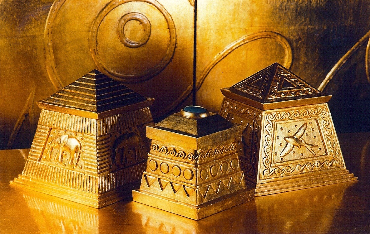 Coffin & King - Gilded Boxes - Elephant Box, Treasure Box with Stone Finial, Flying Fish Box, cast stone, 23 kt. gold leaf, 1990s