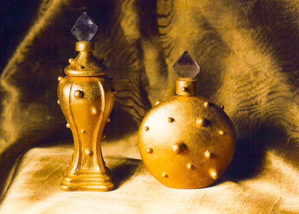 Coffin & King - Gilded Perfume Bottles with Crystal Finials, cast stone, 23 kt. gold leaf, 1990s