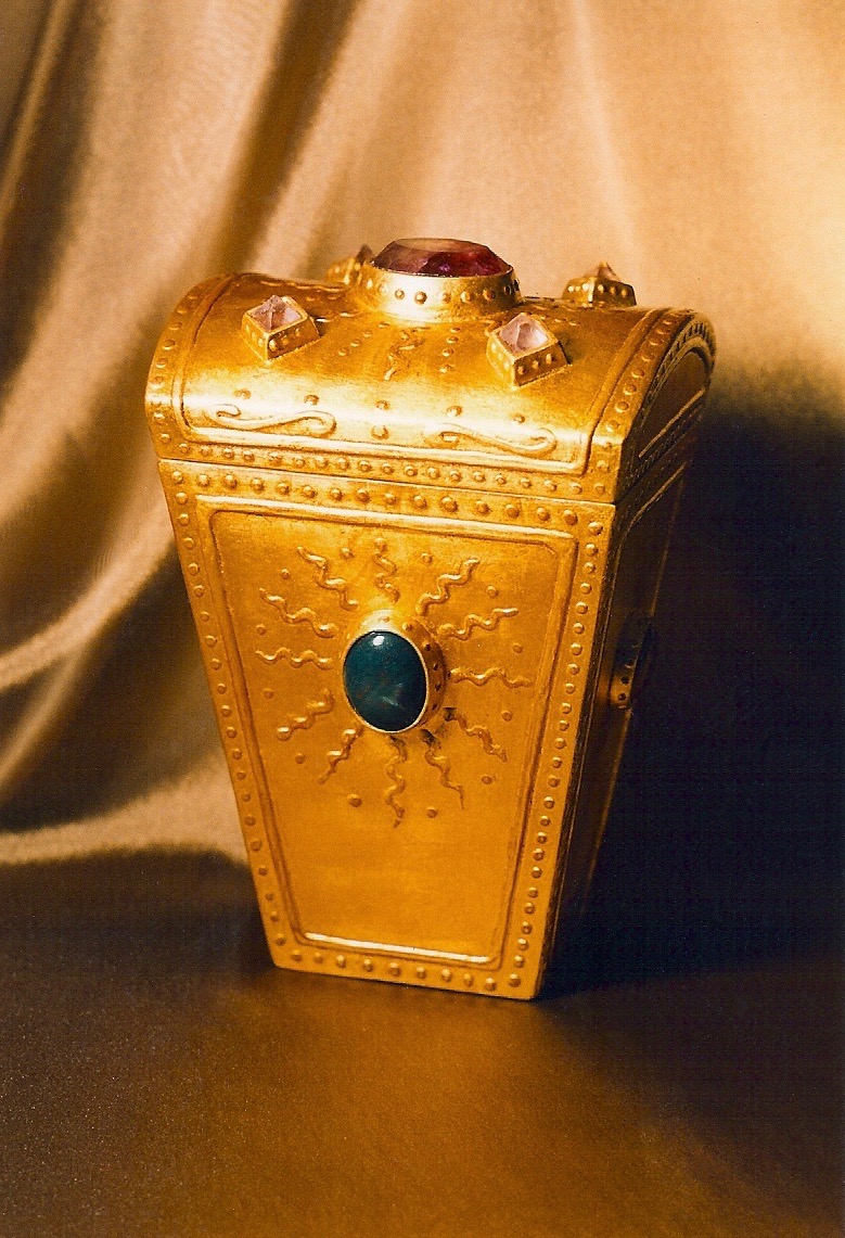 Coffin & King - Large Gilded Treasure Box with Faceted Crystal Finial, crystals, semi-precious stones, wood, 23 kt. gold leaf, 1990s
