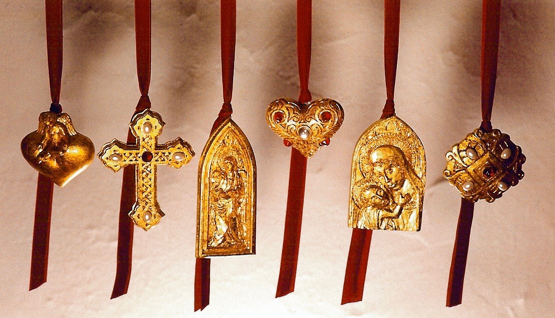 Coffin & King - Renaissance Ornaments, cast stone, faux gems and pearls, composite metal leaf, 1990s