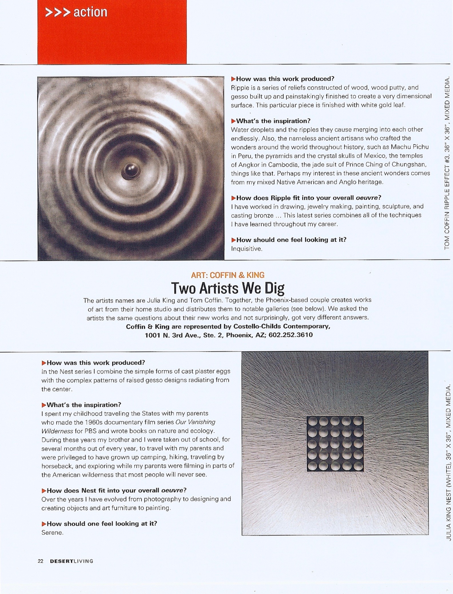 Coffin & King Press - Thomas Coffin Ripple Effect#1 (14 Kt. white gold leaf) shown above, Julia King Nest (white) shown below - featured in Desert Living Magazine