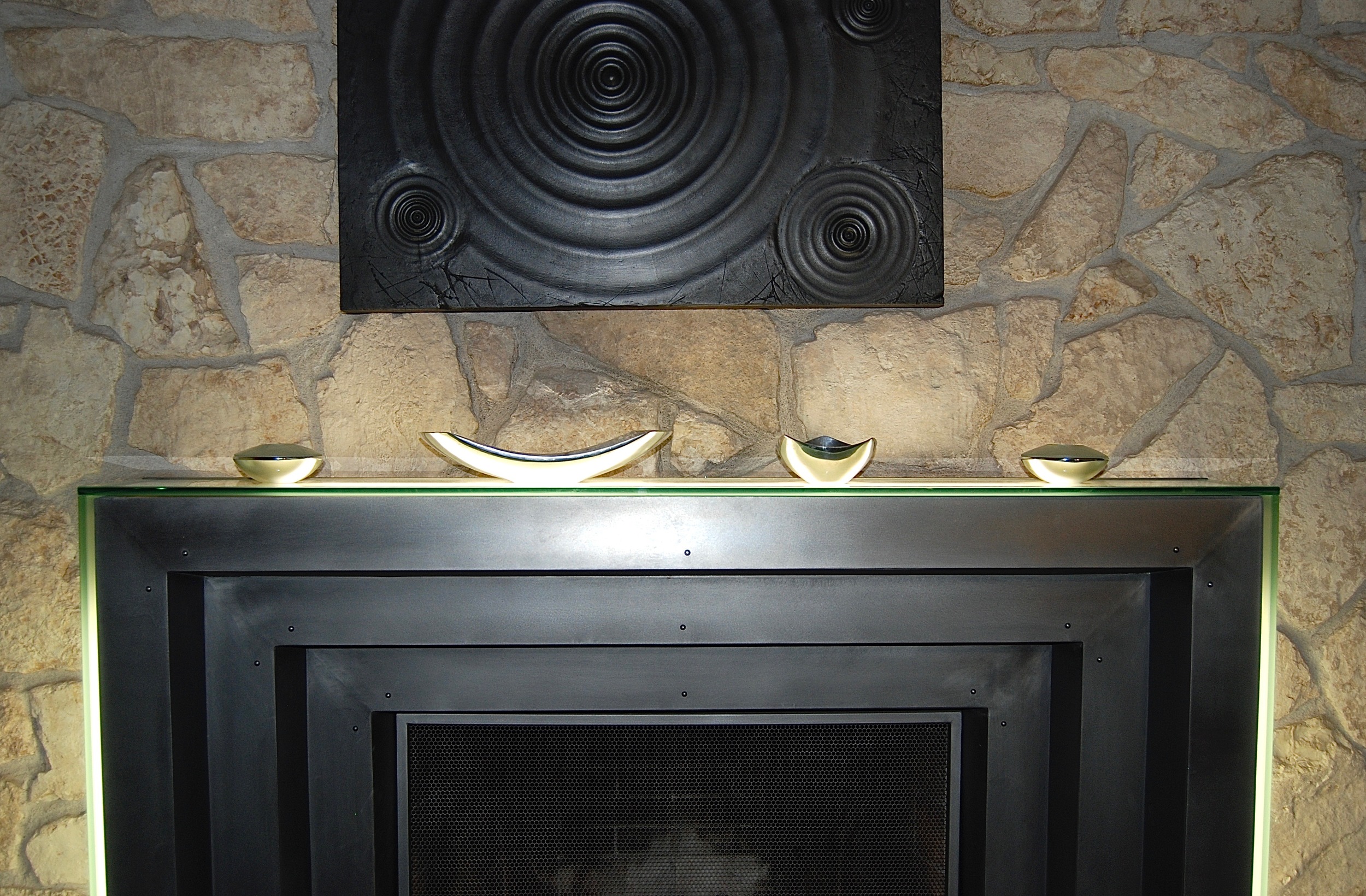 Coffin & King Custom Furniture/ Interiors - Brushed Steel Lighted Fireplace Mantel (detail)