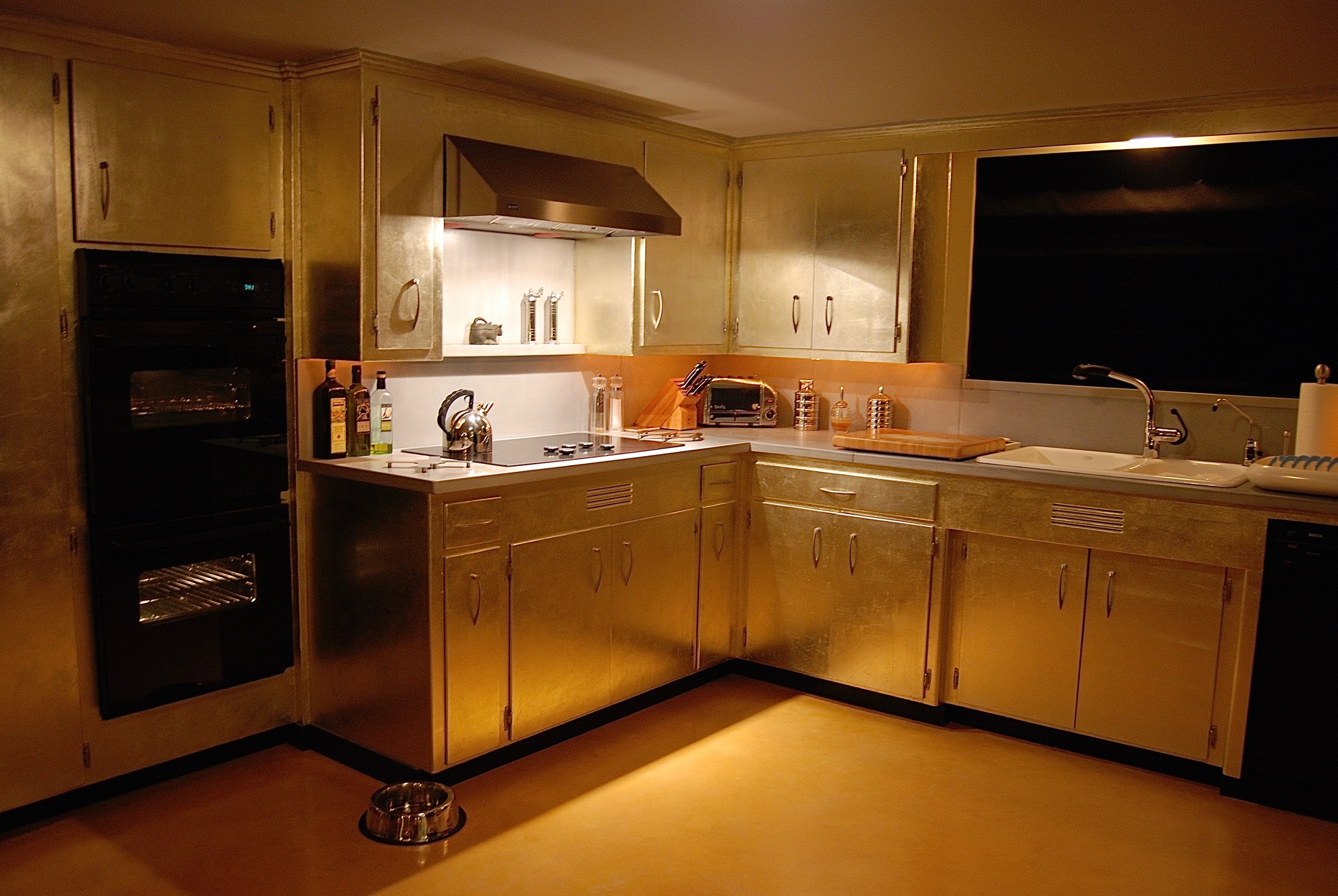 Coffin & King Custom Furniture/ Interiors - Aluminum Leafed Original '50s Kitchen Cabinets, Cast Concrete Countertops, Cast Concrete Backsplash 
