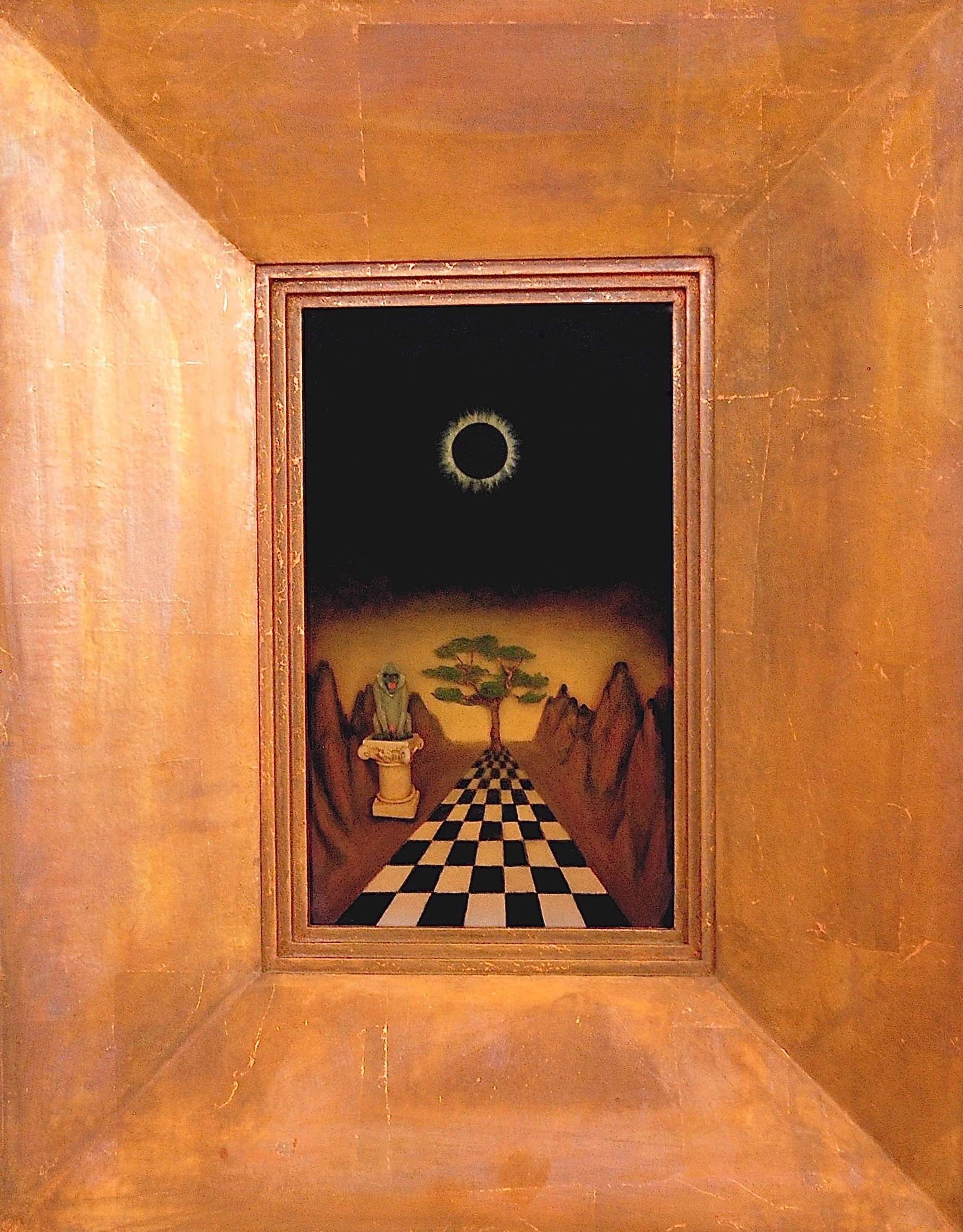 Thomas Coffin - Tree of Knowledge, 12"h x 7"w x 2"d, mixed media 3-d diorama encased in acrylic resin, handmade wood frame, copper leaf