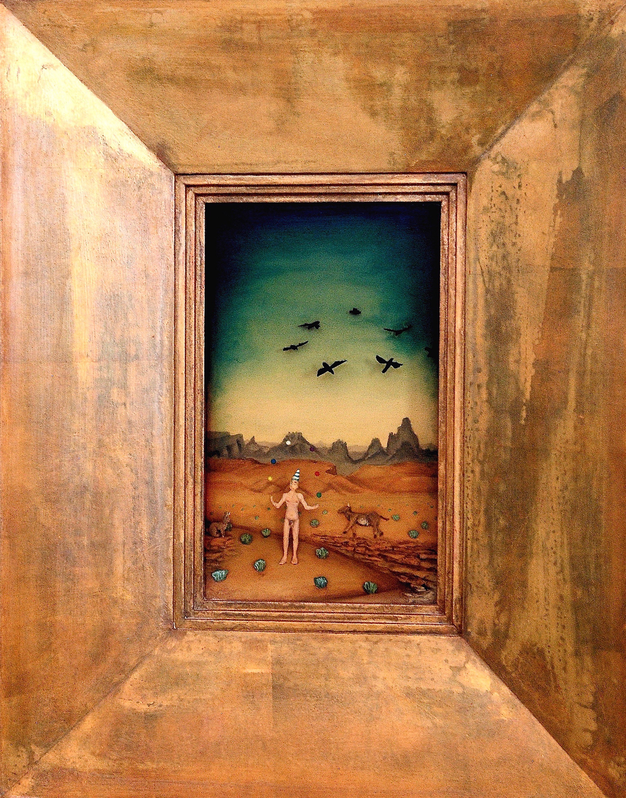 Thomas Coffin - The Quick and the Dead, 12"h x 7"w x 2"d, mixed media 3-d diorama encased in acrylic resin, handmade wood frame, copper leaf