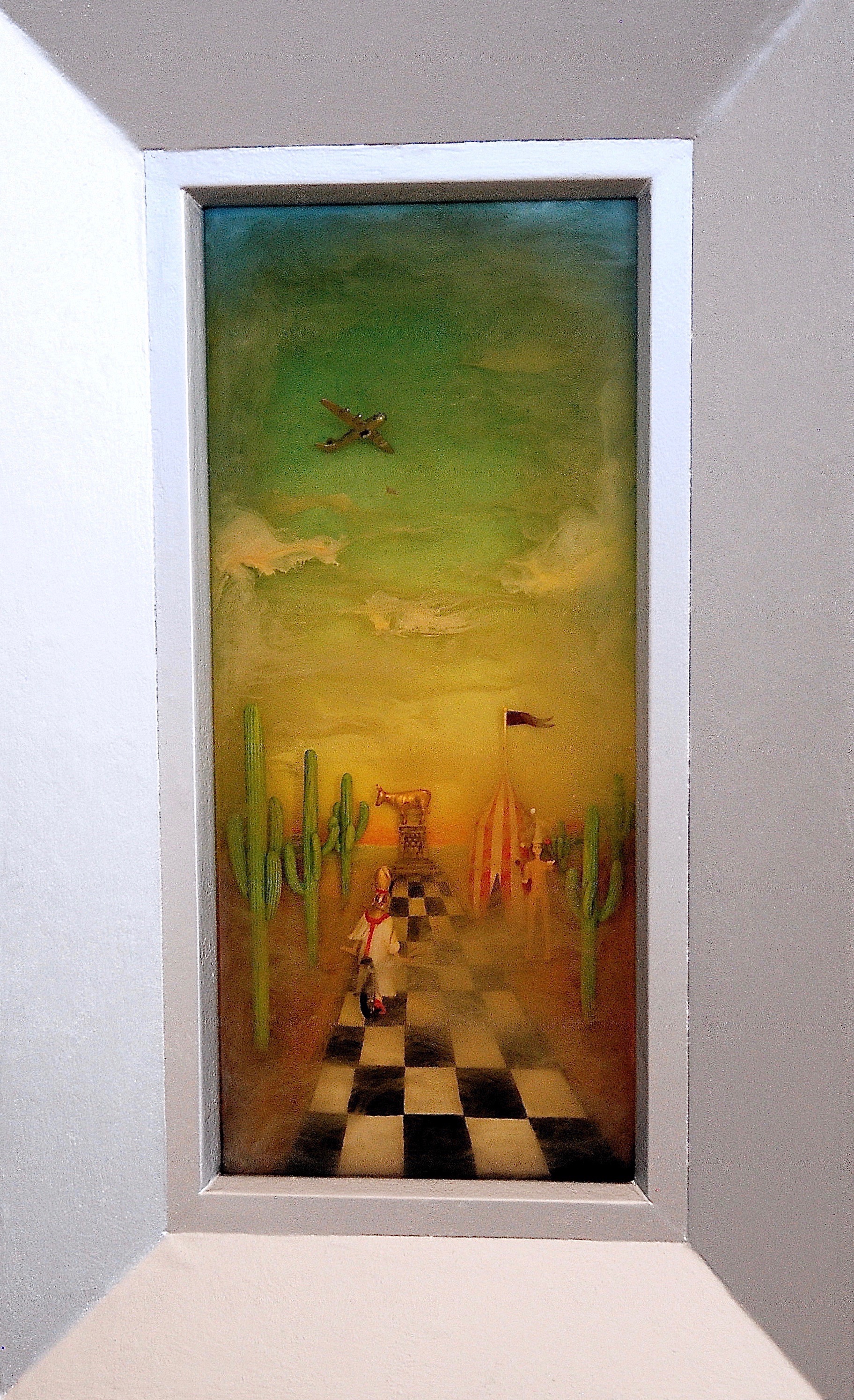 Thomas Coffin - Enola Gay Sunrise, 19 1/2"h x 9 1/2"w x 2"d, mixed media 3-d diorama encased in acrylic resin, handmade wood frame