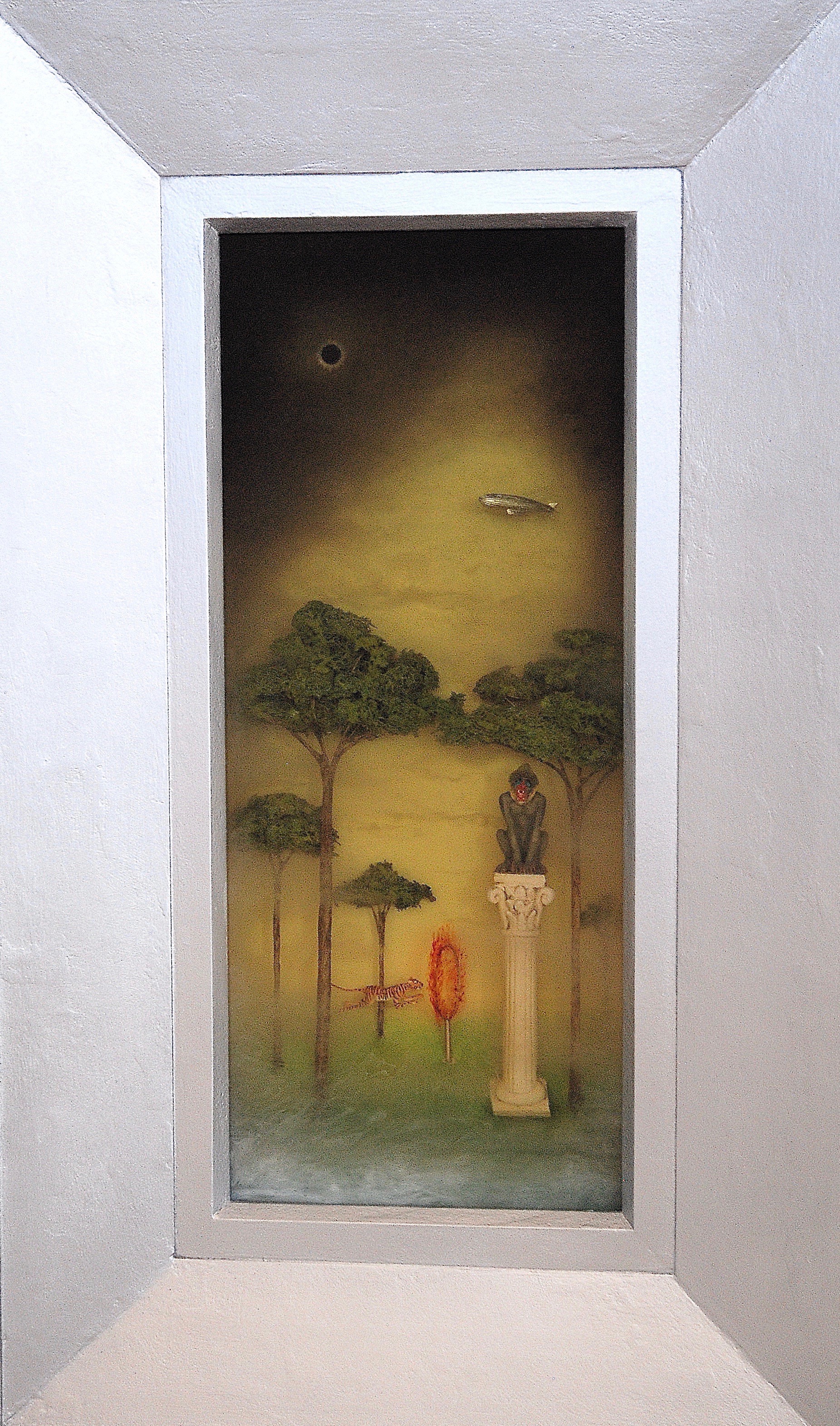 Thomas Coffin - Mandrill Eclipse, 19 1/2"h x 9 1/2"w x 2"d, mixed media 3-d diorama encased in acrylic resin, handmade wood frame