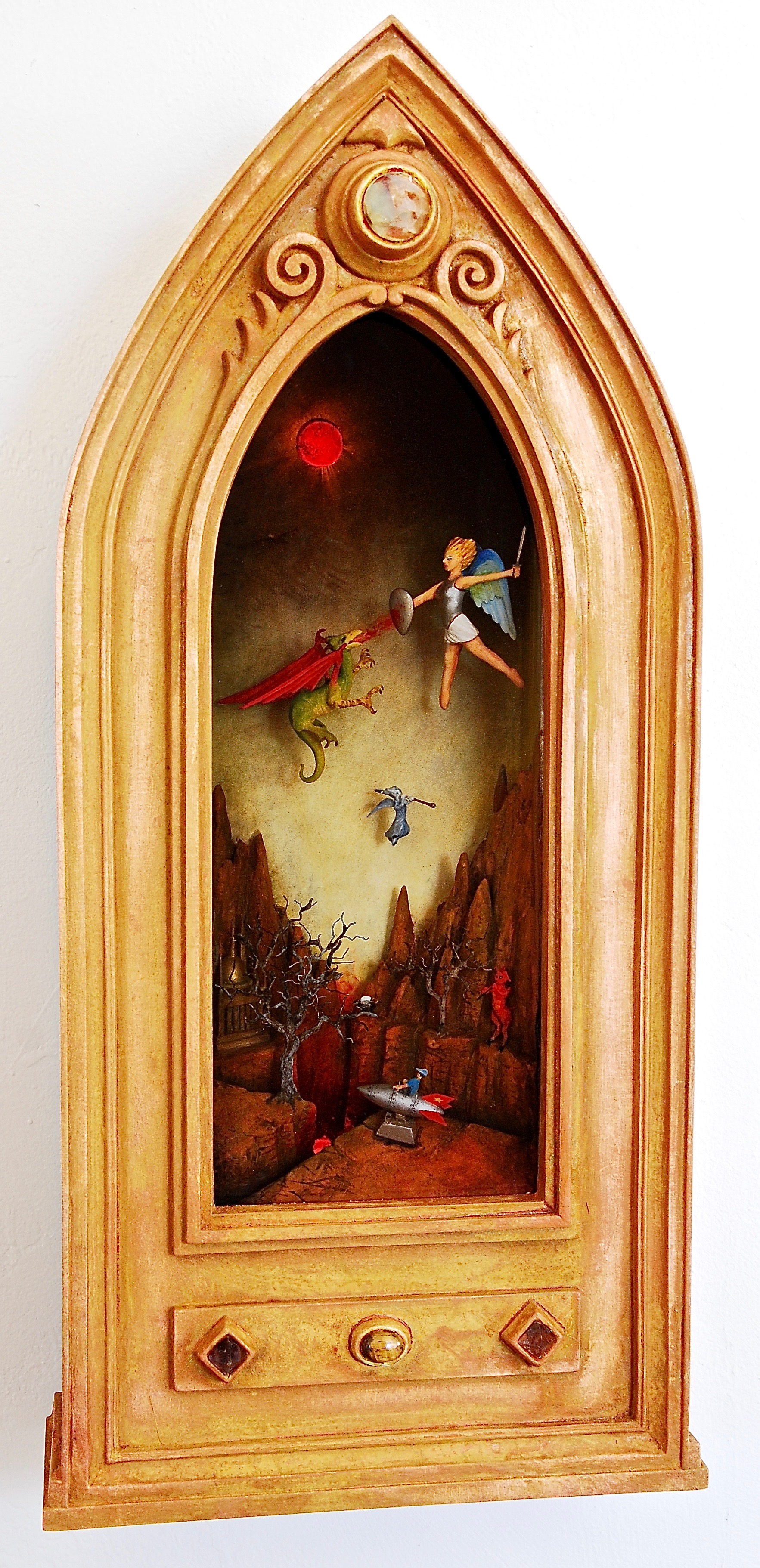   Thomas Coffin - Little Johnny's Rocket Ride, 18"h x 10"w x 4 1/2"d, mixed media 3-d diorama encased in acrylic resin, handmade wood frame, copper leaf  