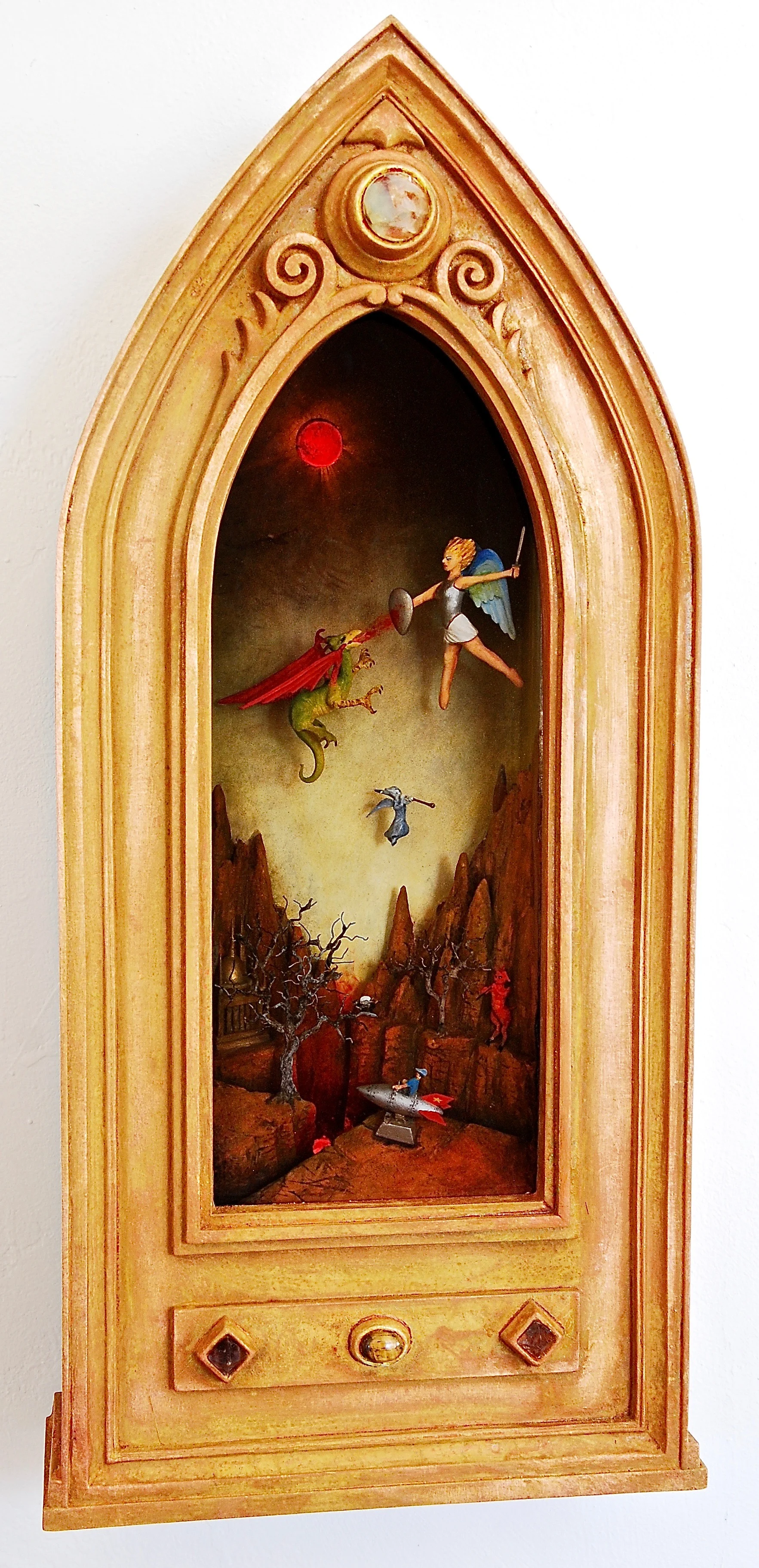 Thomas Coffin - Little Johnny's Rocket Ride, 18"h x 10"w x 4 1/2"d, mixed media 3-d diorama encased in acrylic resin, handmade wood frame, copper leaf
