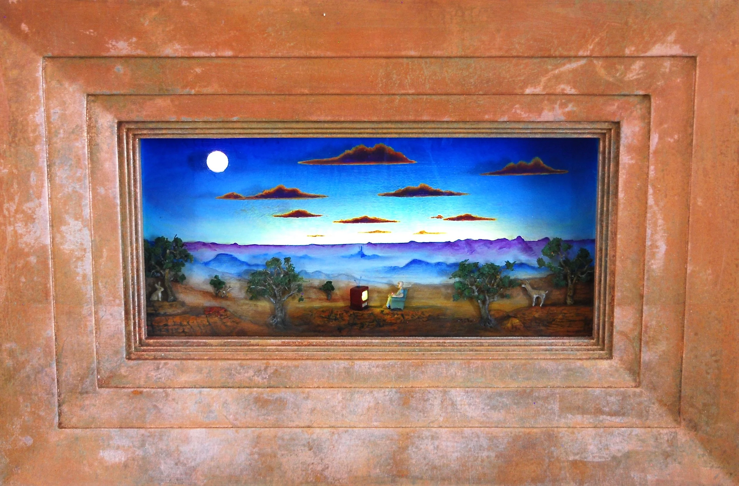 Thomas Coffin - Lots Of Good Shows Tonight, 15"h x 22"w x 4 1/2"d, mixed media 3-d diorama encased in acrylic resin, handmade wood frame, copper leaf