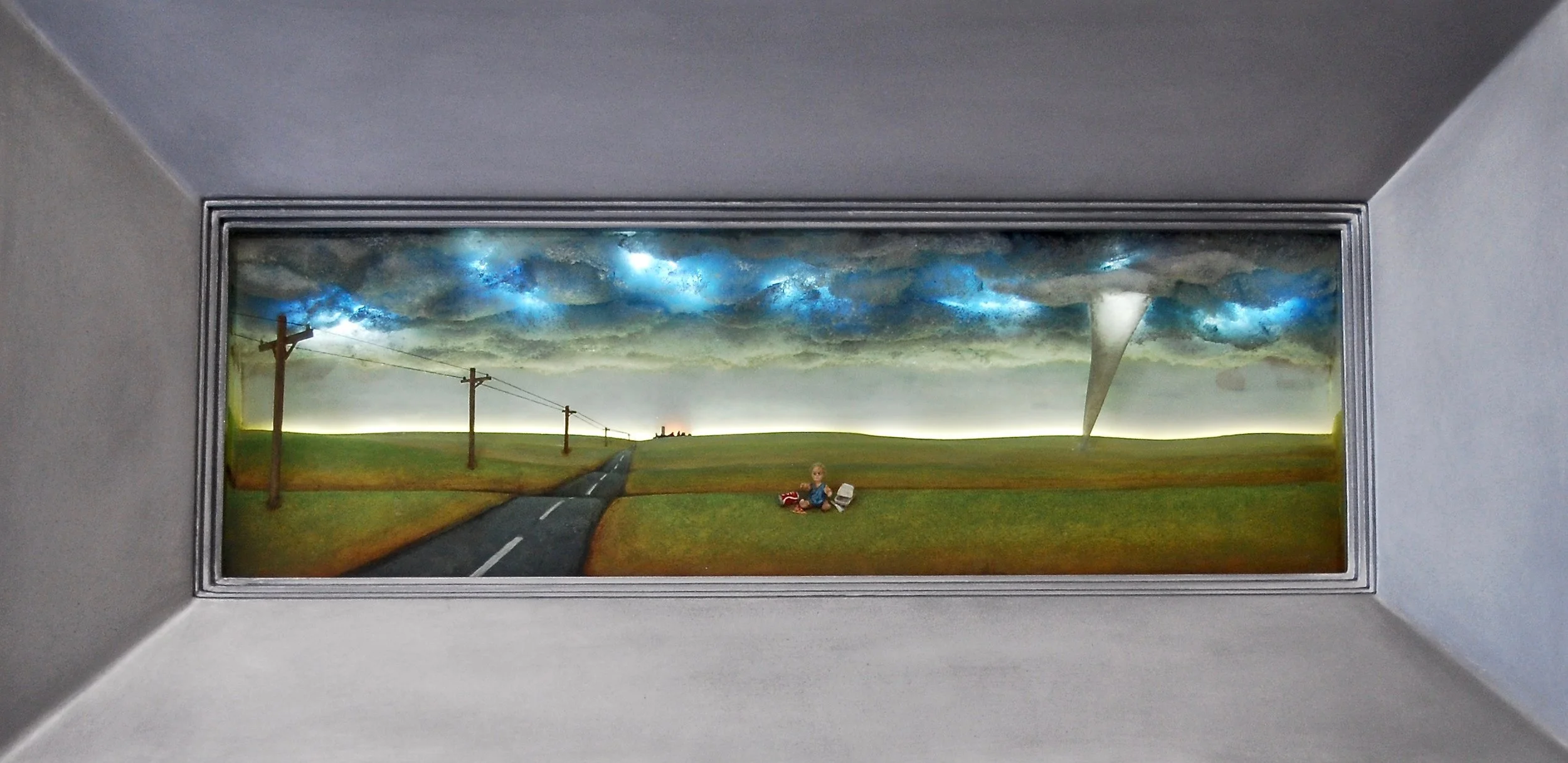 Thomas Coffin - Last Trip to the Dairy Queen, 16"h x 32"w x 5 3/4"d, mixed media 3-d diorama encased in acrylic resin, wood frame
