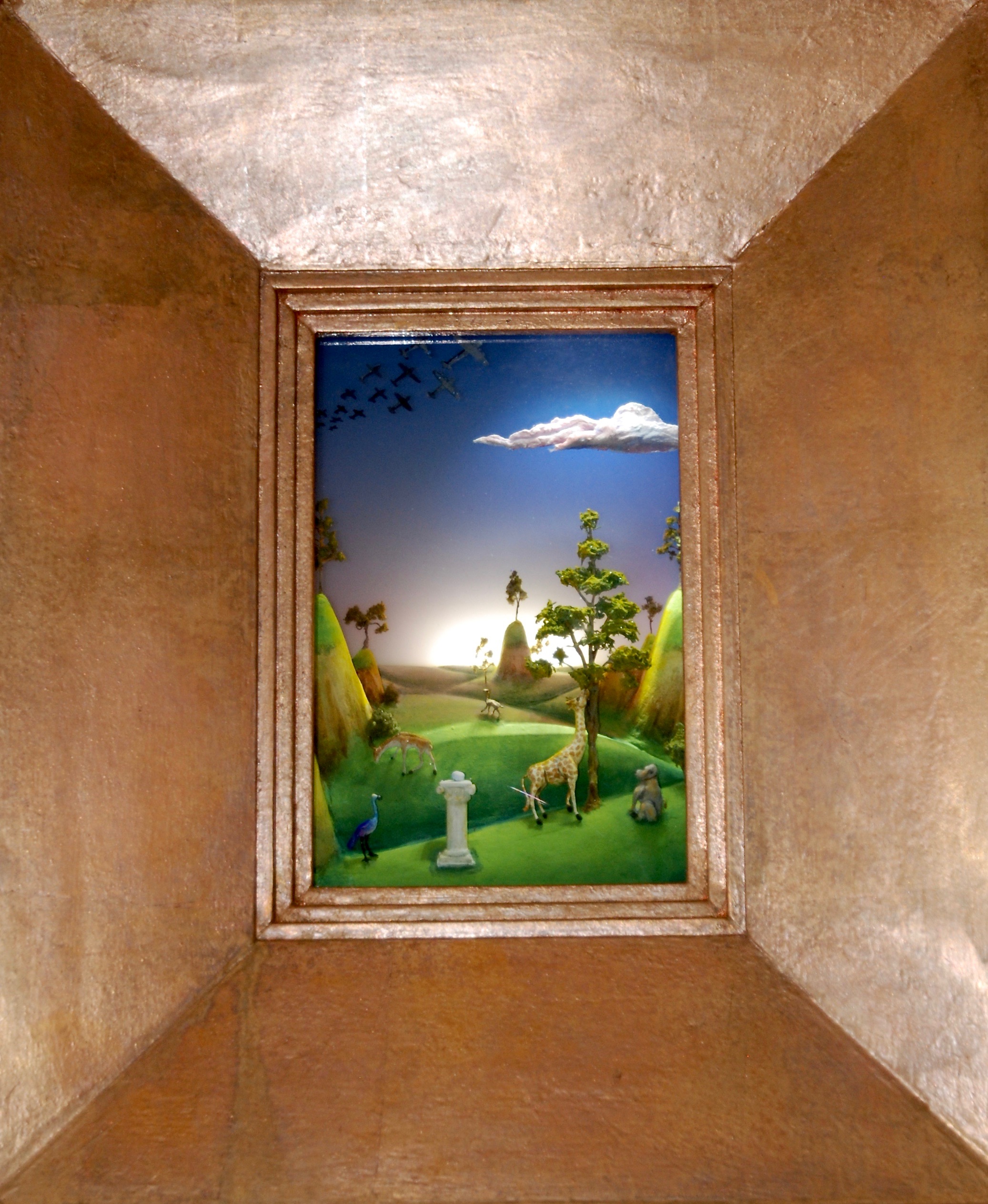   Thomas Coffin - A Peaceable Kingdom, 20"h x 16"w x 5 3/4"d, mixed media 3-d diorama encased in acrylic resin, wood frame, copper leaf  