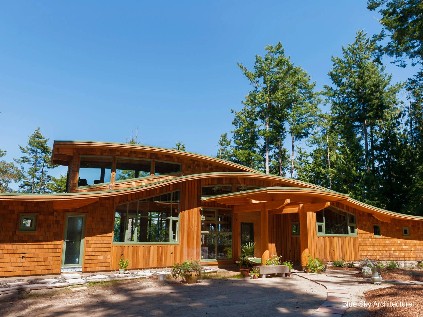 Exterior cedar clad entry at the Brigantine House