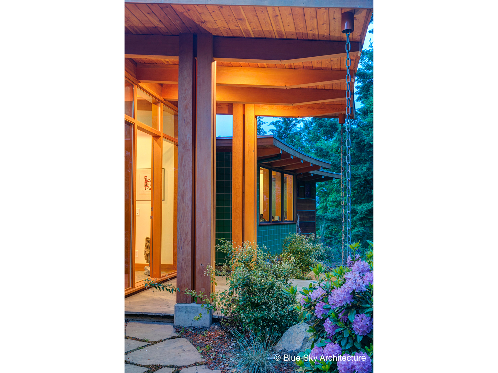 Post and beam entryway on island home