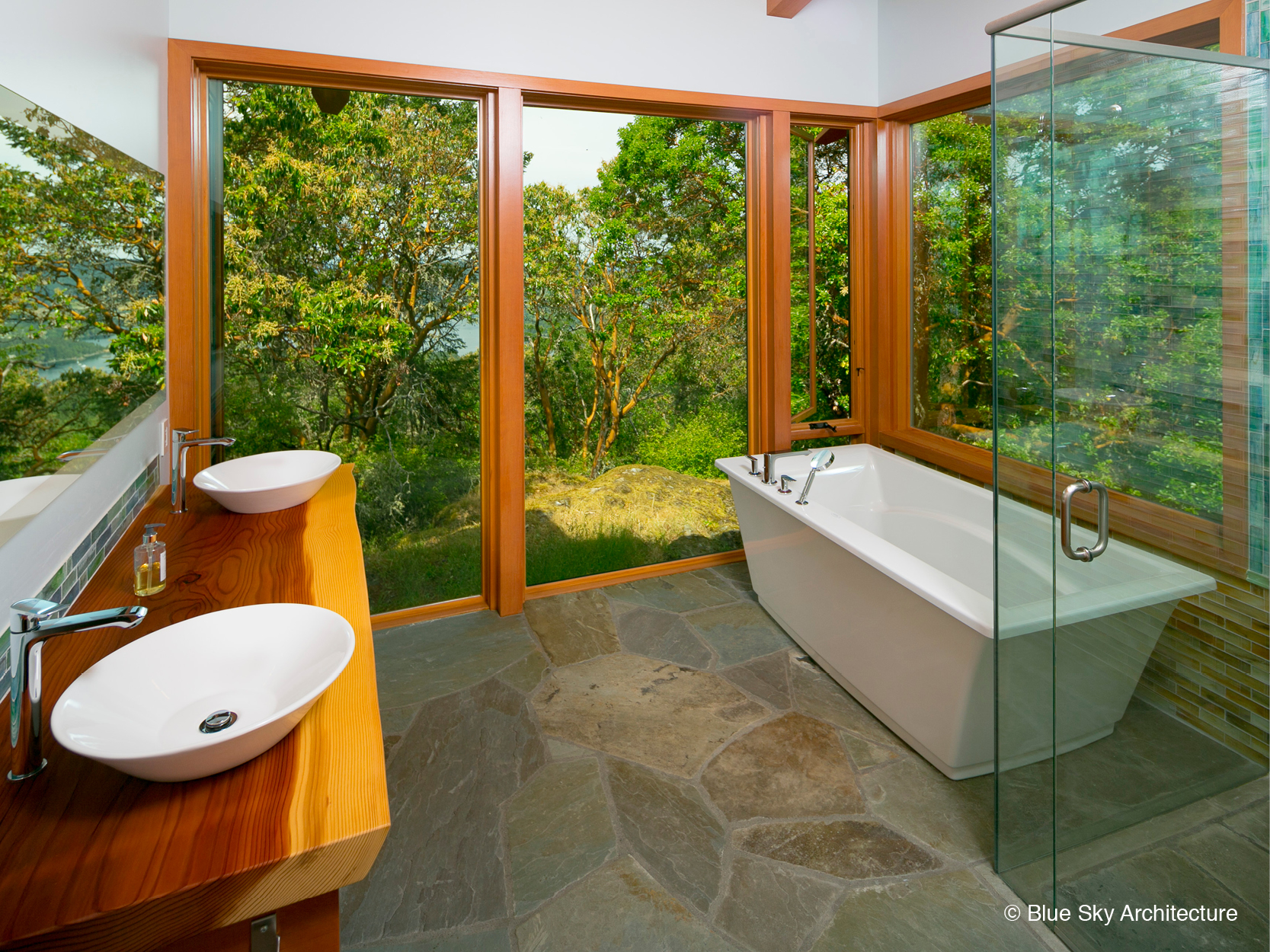 Douglas fir and tile bathroom with frameless glass shower