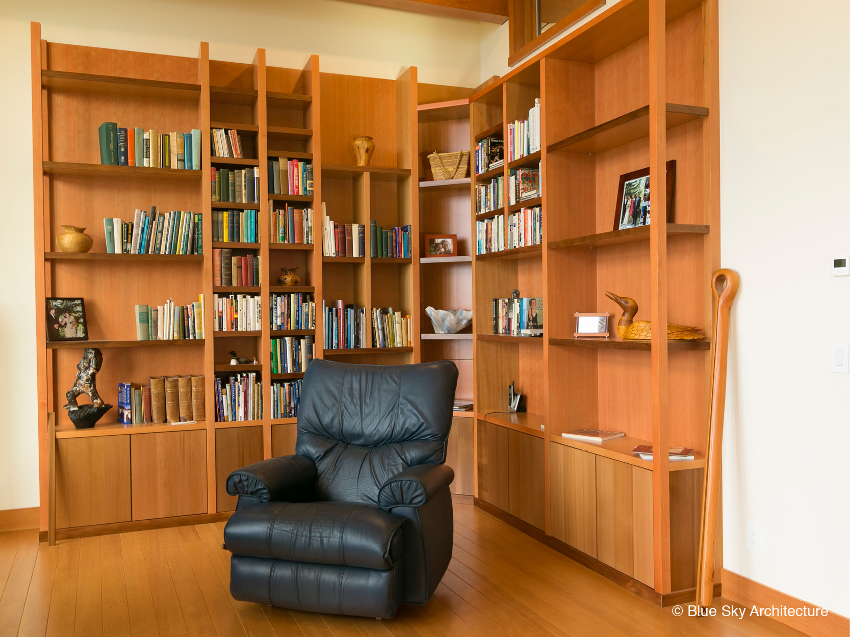 Douglas fir bookshelves in West Coast Modern residence