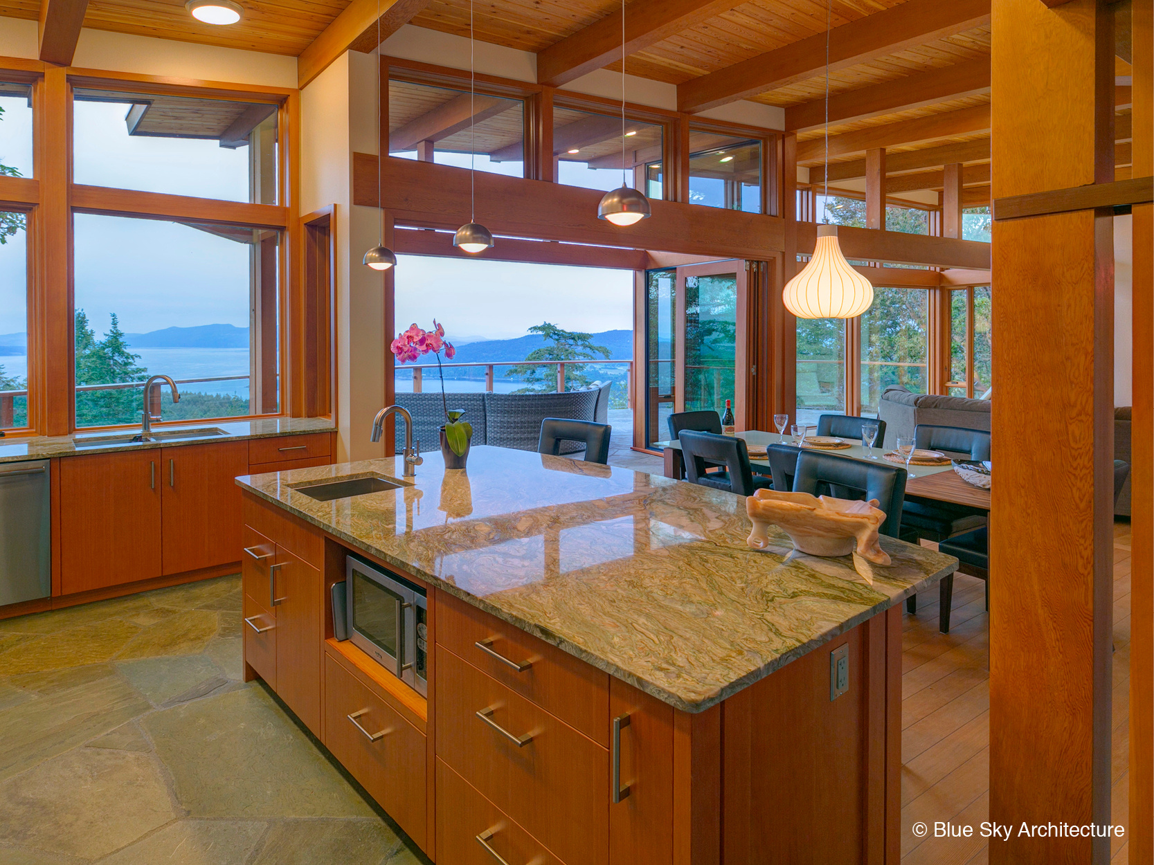 Post and beam style kitchen with granite counters