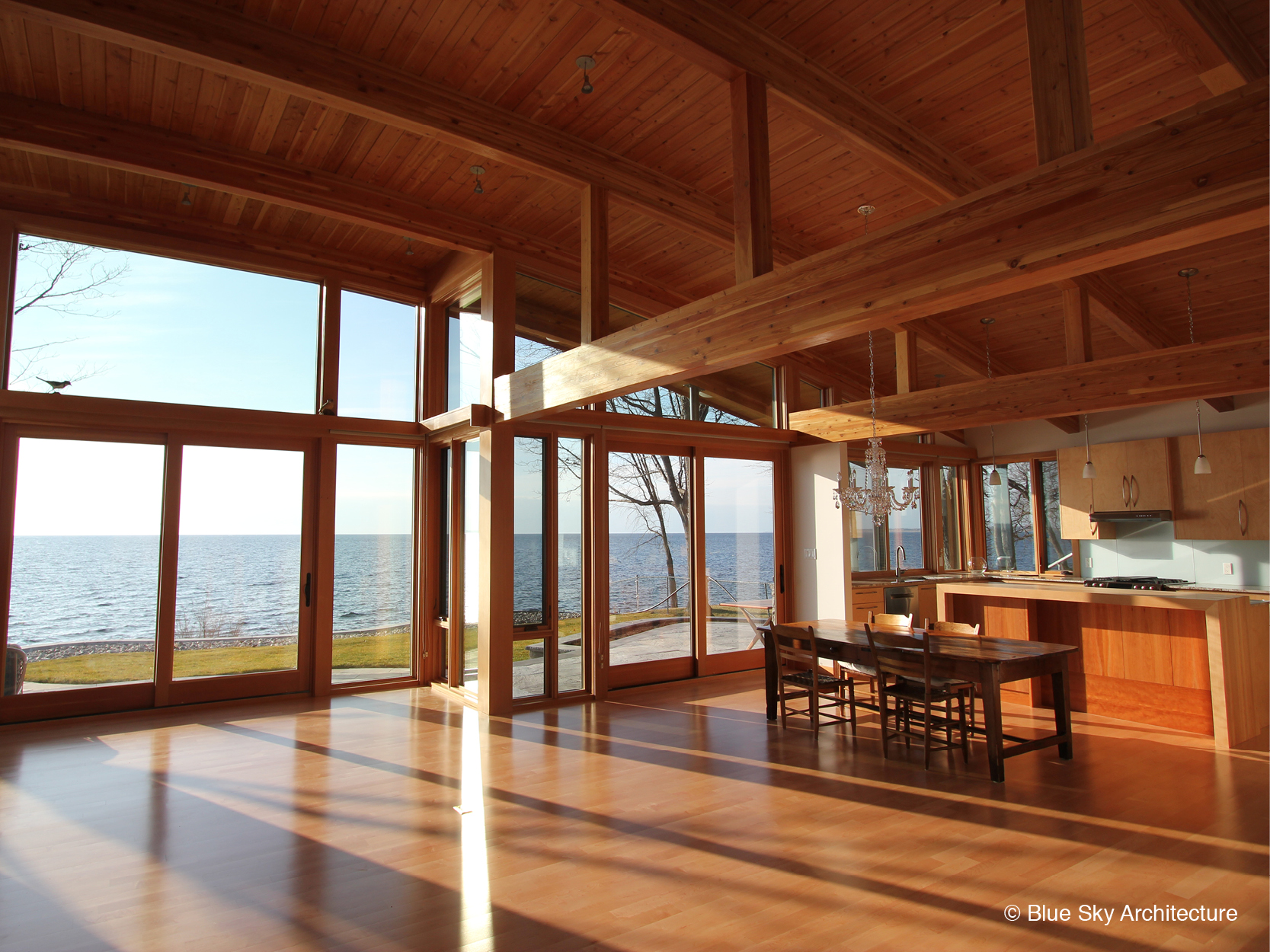 A post and beam kitchen in a custom lakeshore home