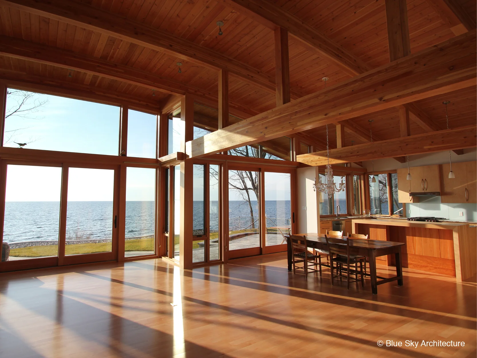 A post and beam kitchen in a custom lakeshore home