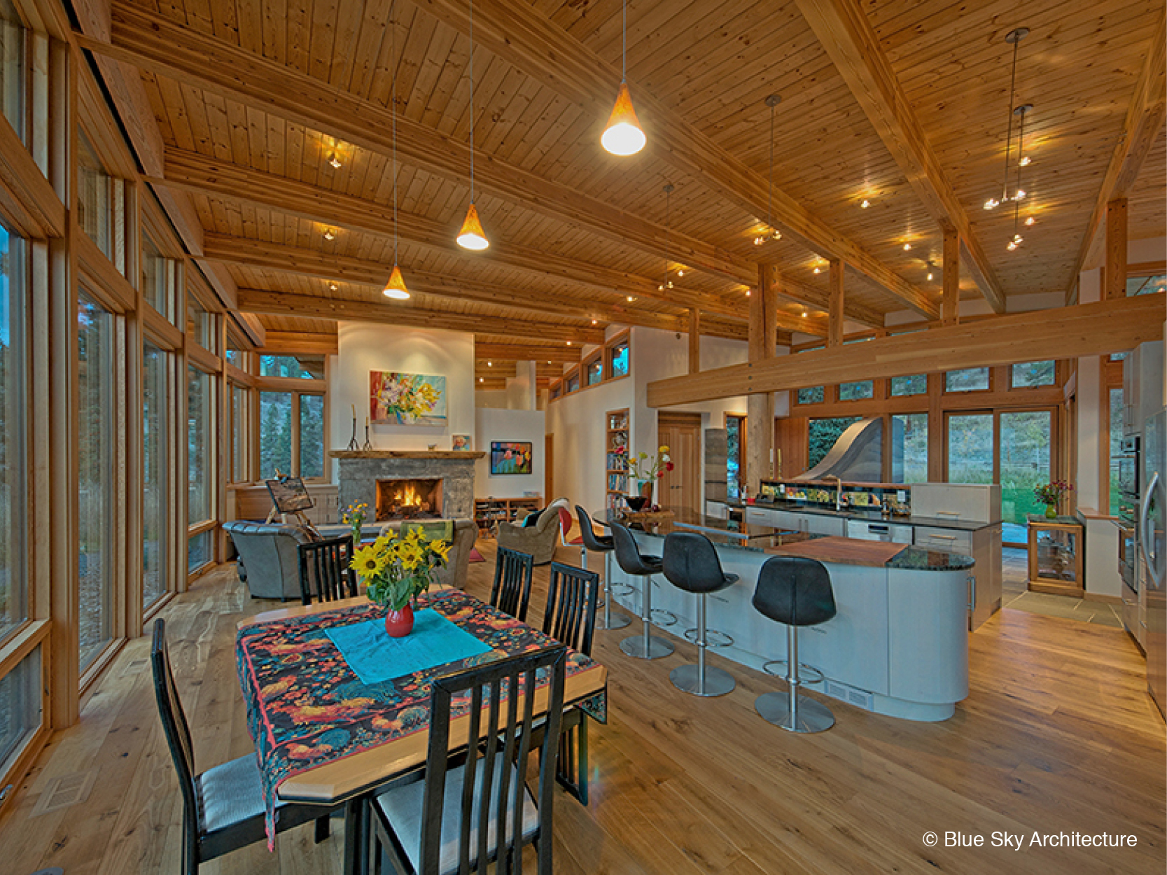 Wood construction open-concept kitchen in lakefront house